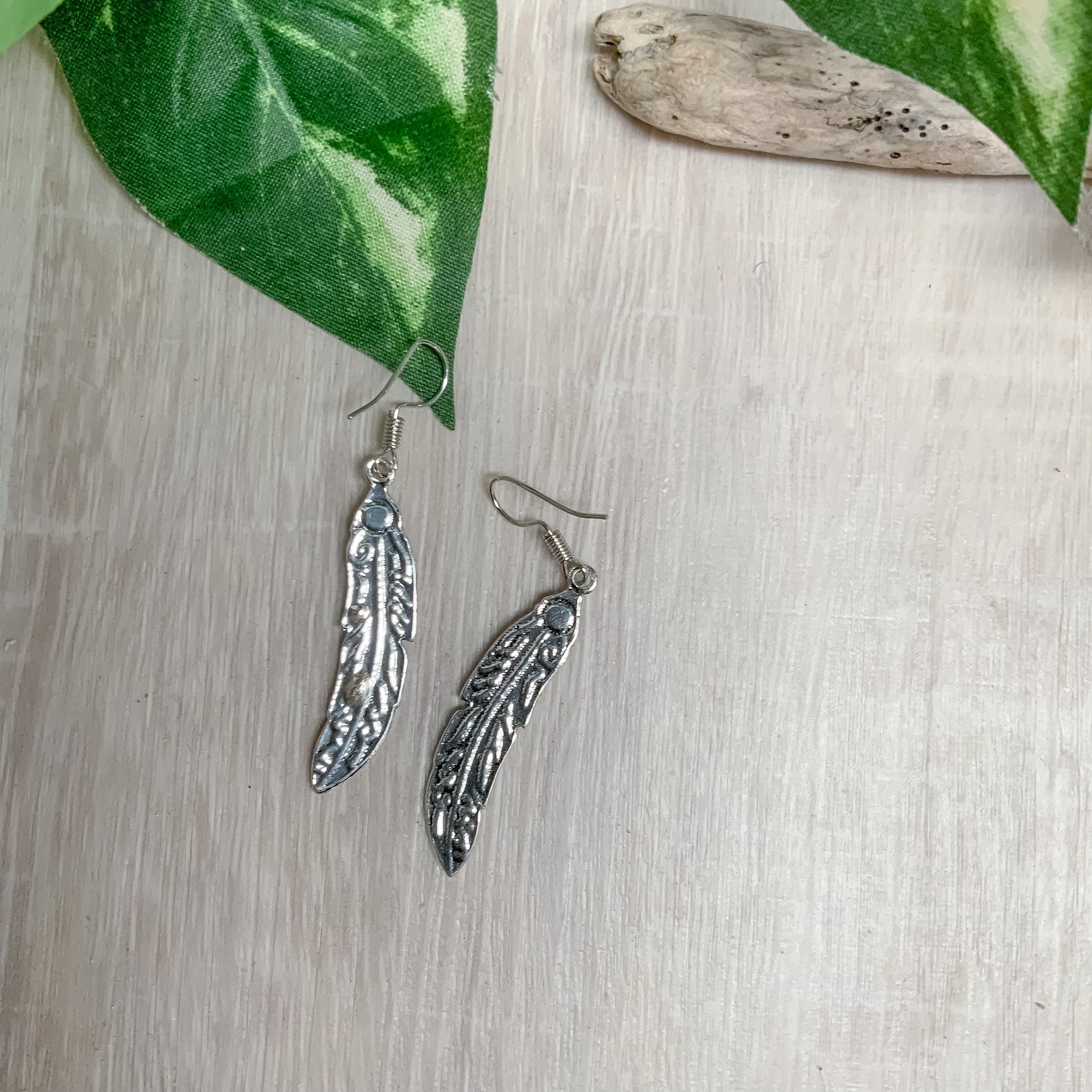 Silver/Turquoise Bohemian Style Carved Feather Earrings