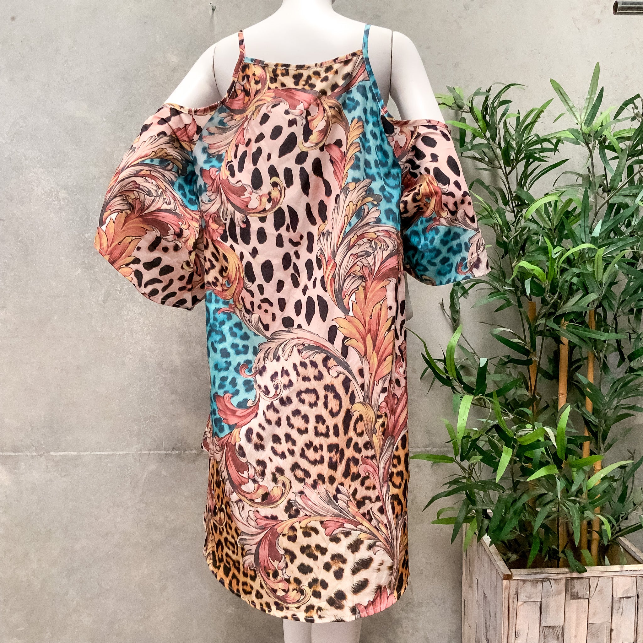 CHICME Cold Shoulder Satin Cheetah Print Aline Dress - Size M