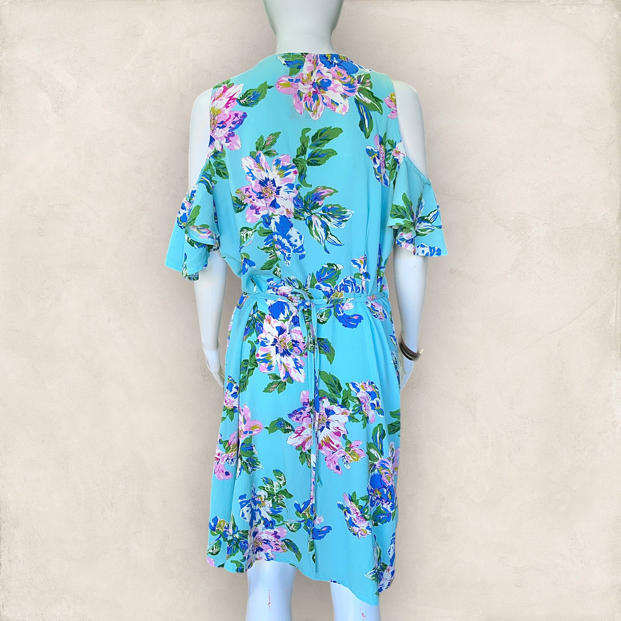 JO JO Cold Shoulder Blue Floral Wrap Dress - Size 14