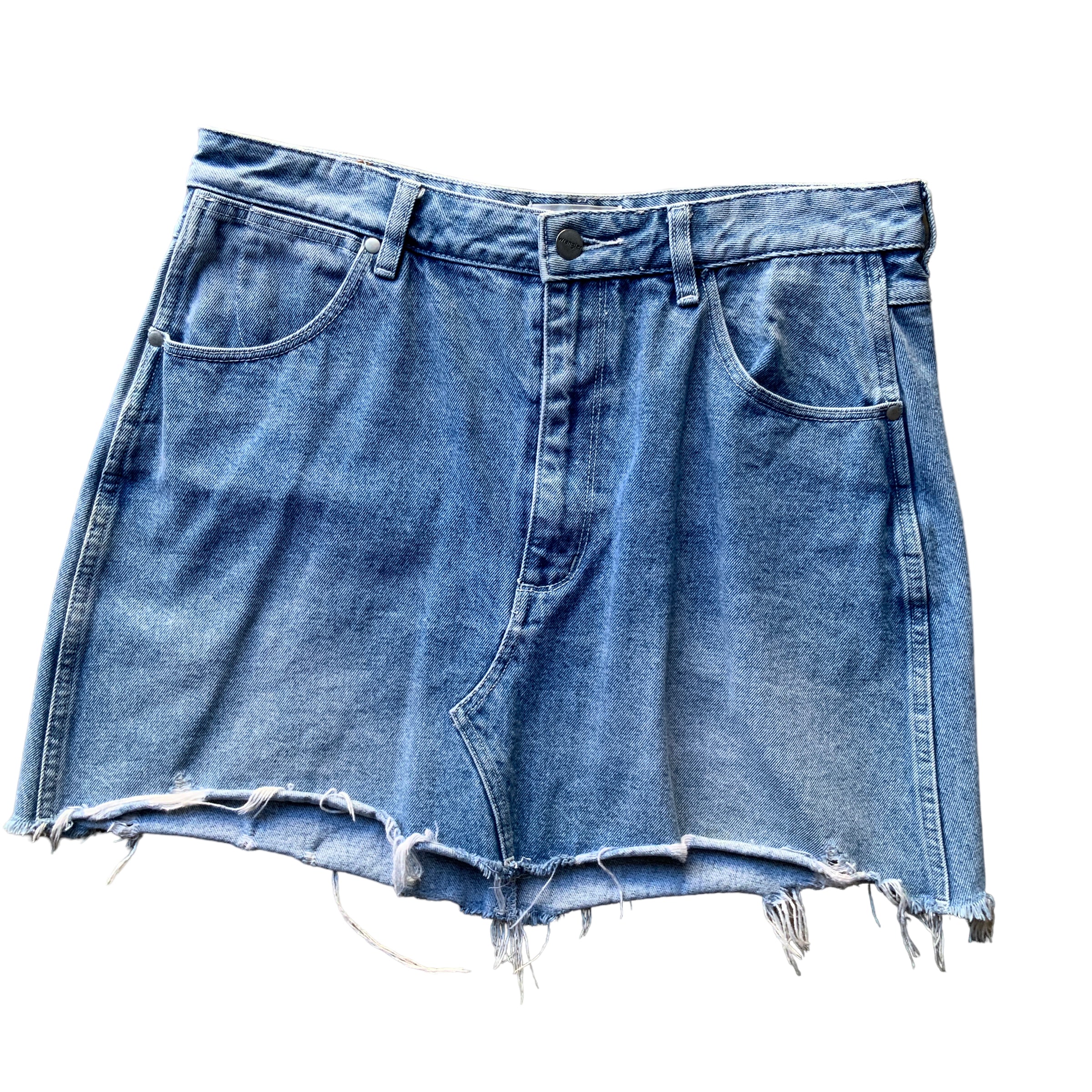 WRANGLER 'Repair Mini' Denim Frayed Skirt in washed INDIGO - Size 13