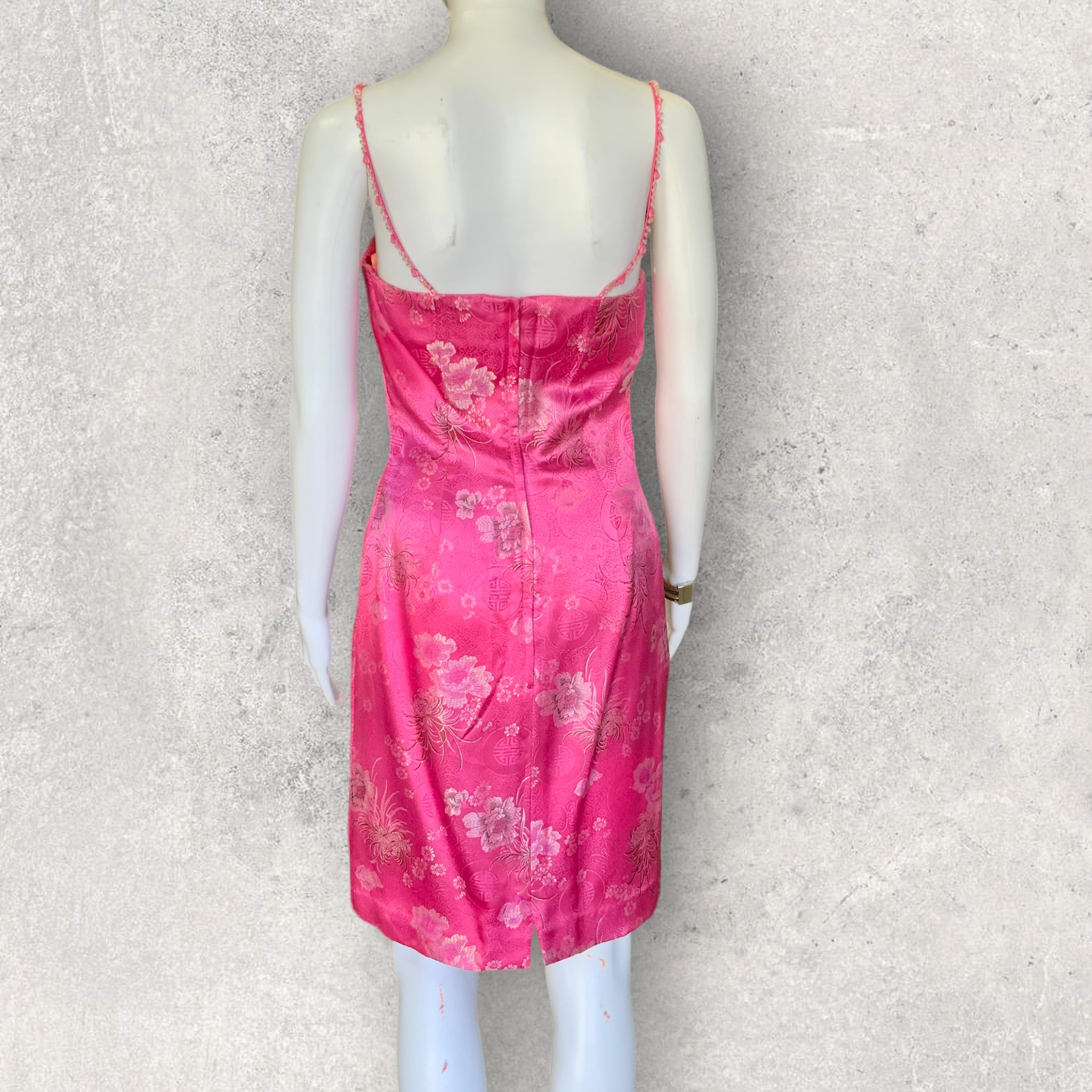 Vintage HUSH Pink Satin Oriental Print Pencil Dress - Size 8