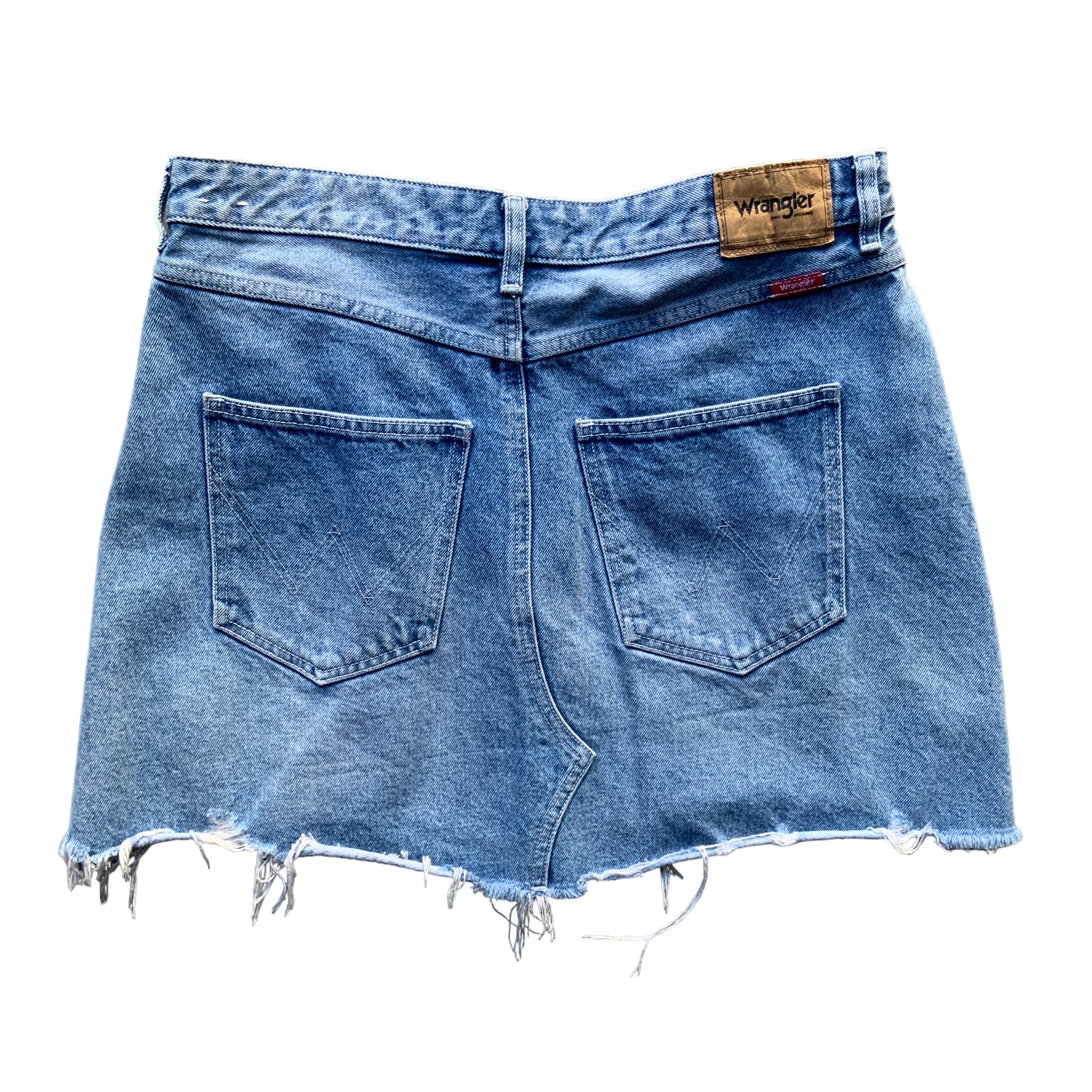 WRANGLER 'Repair Mini' Denim Frayed Skirt in washed INDIGO - Size 13