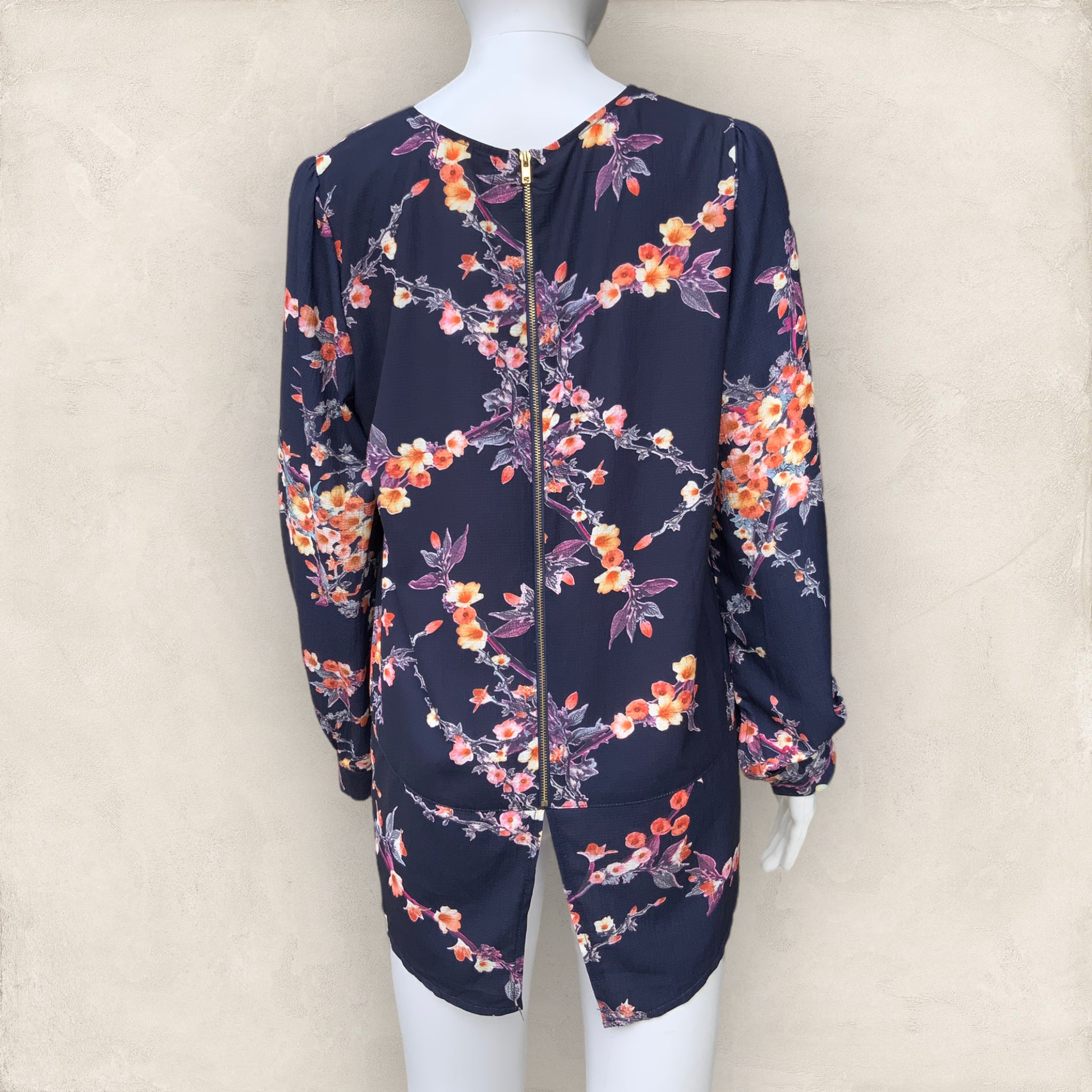 MIRACLE Navy Blue Long Sleeve Floral Print Blouse - Size 10