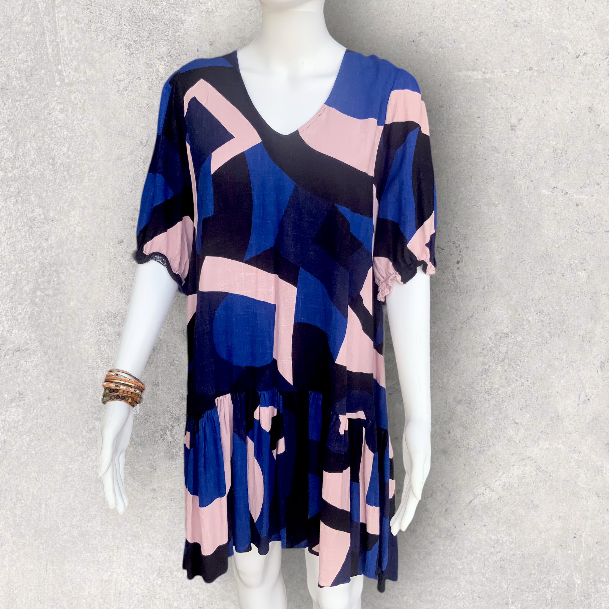 MISTER ZIMI 'ROSA' Linen Babydoll Dress in Blue/Pink - Size 8/10