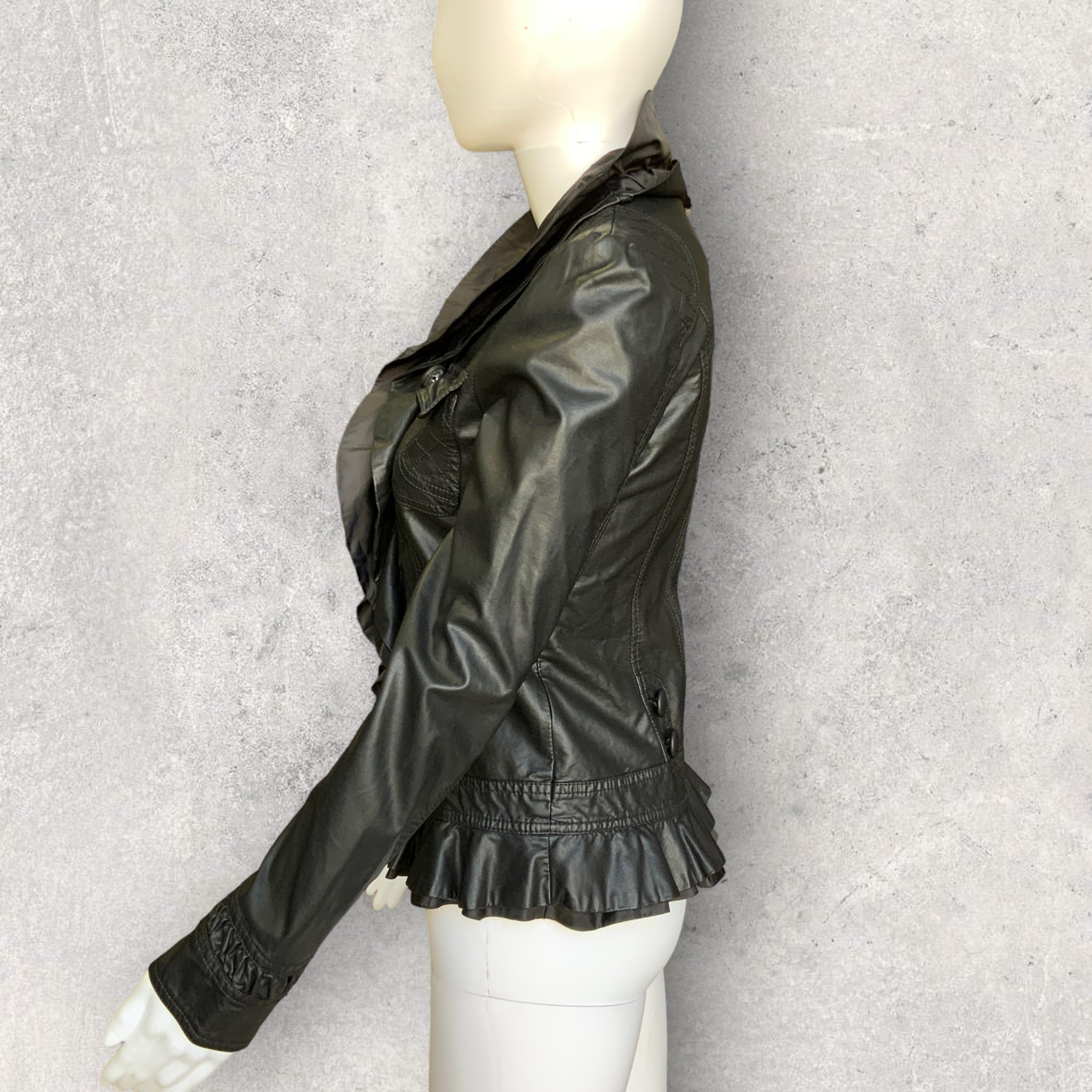 CAROLINE MORGAN PU Faux Leather Ruffle Jacket - Size 8