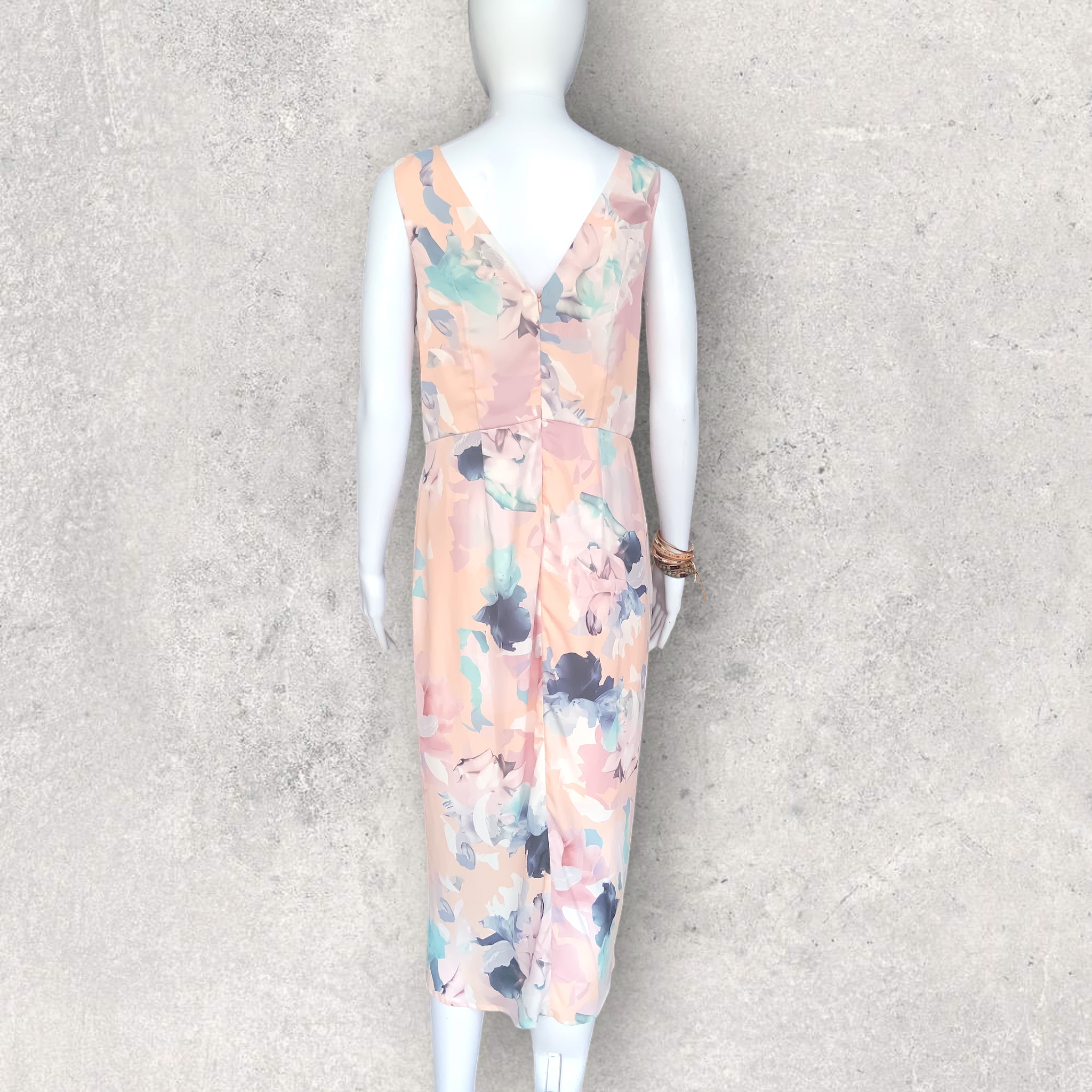 KNIGHT ANGEL Faux Wrap Draped Peach Floral Midi Dress - Size 10