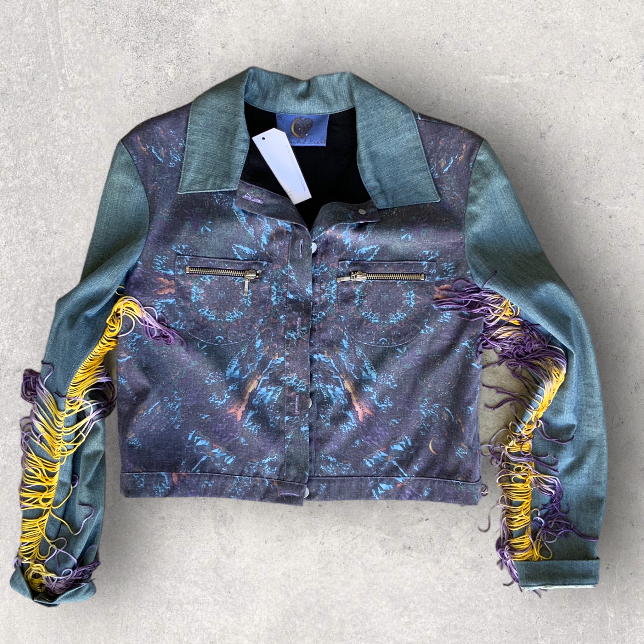 LIBERATED HEART Size S Denim Galaxy Print Festival Jacket with Tassel Sleeves