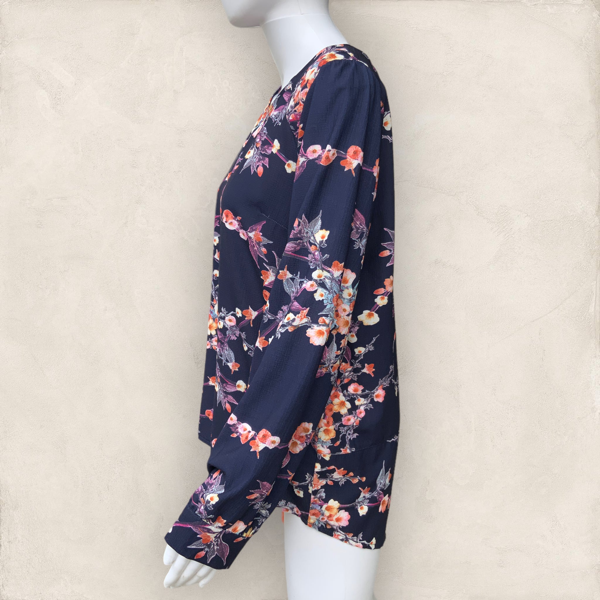 MIRACLE Navy Blue Long Sleeve Floral Print Blouse - Size 10