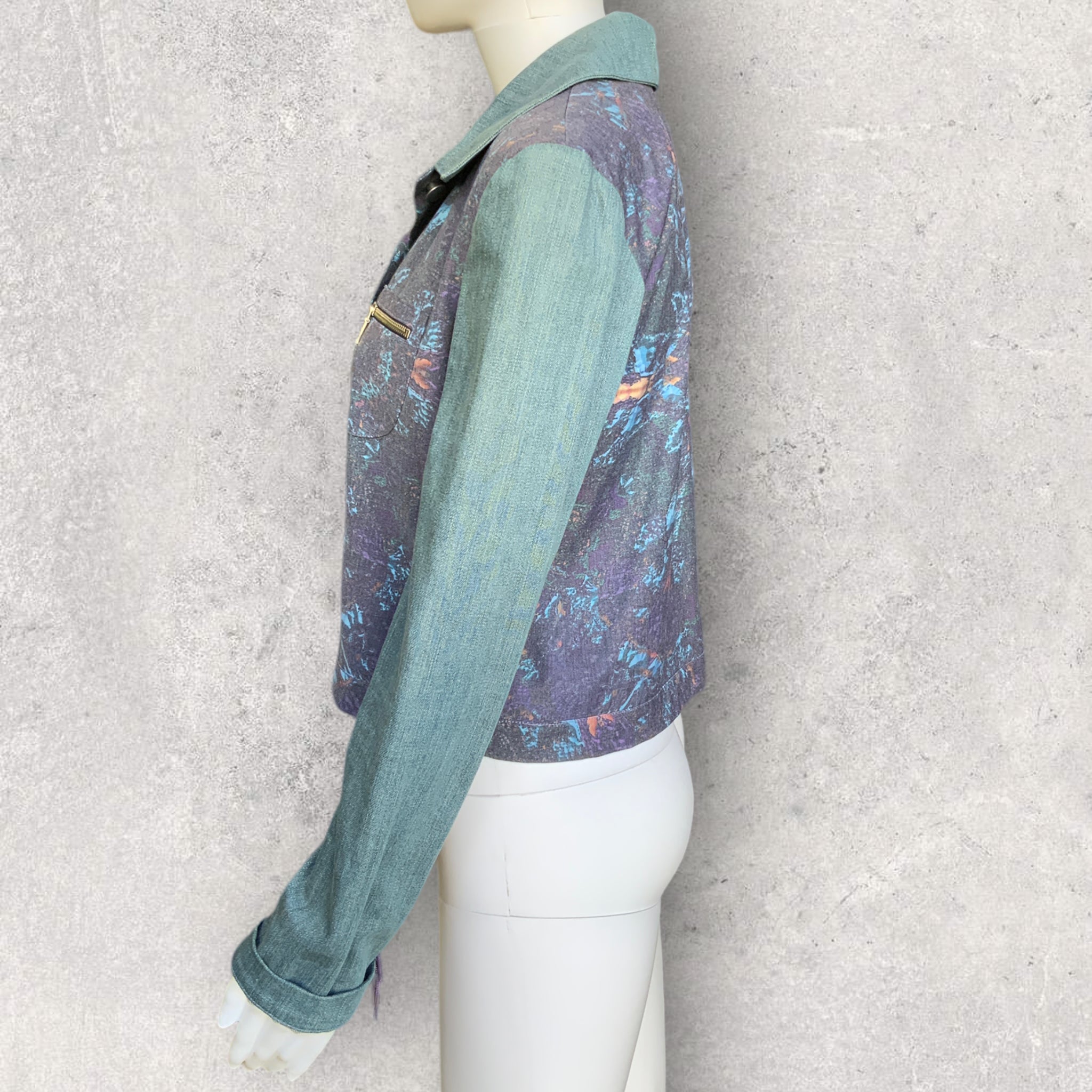 LIBERATED HEART Size S Denim Galaxy Print Festival Jacket with Tassel Sleeves