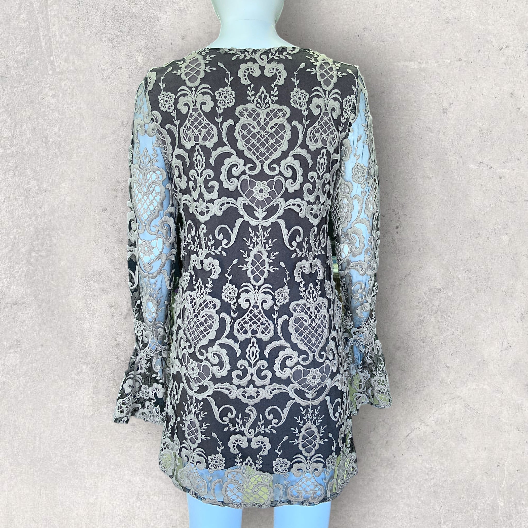 LENNI The Label Grey & Taupe Embroidered Lace SAGA DRESS Bell Sleeve Mini  8