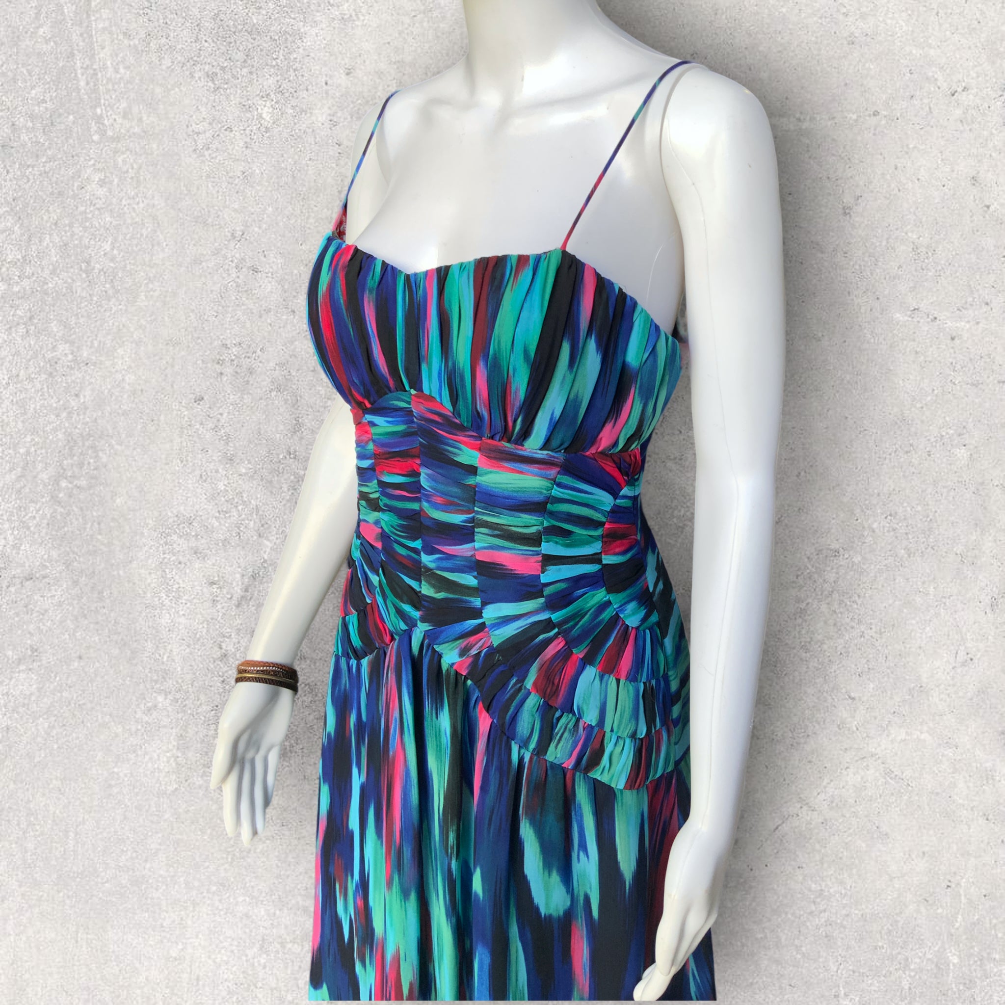 Y2K LIZ JORDAN Ruched Bodice A Line Abstract Watercolour Print Midi Dress - Size 10