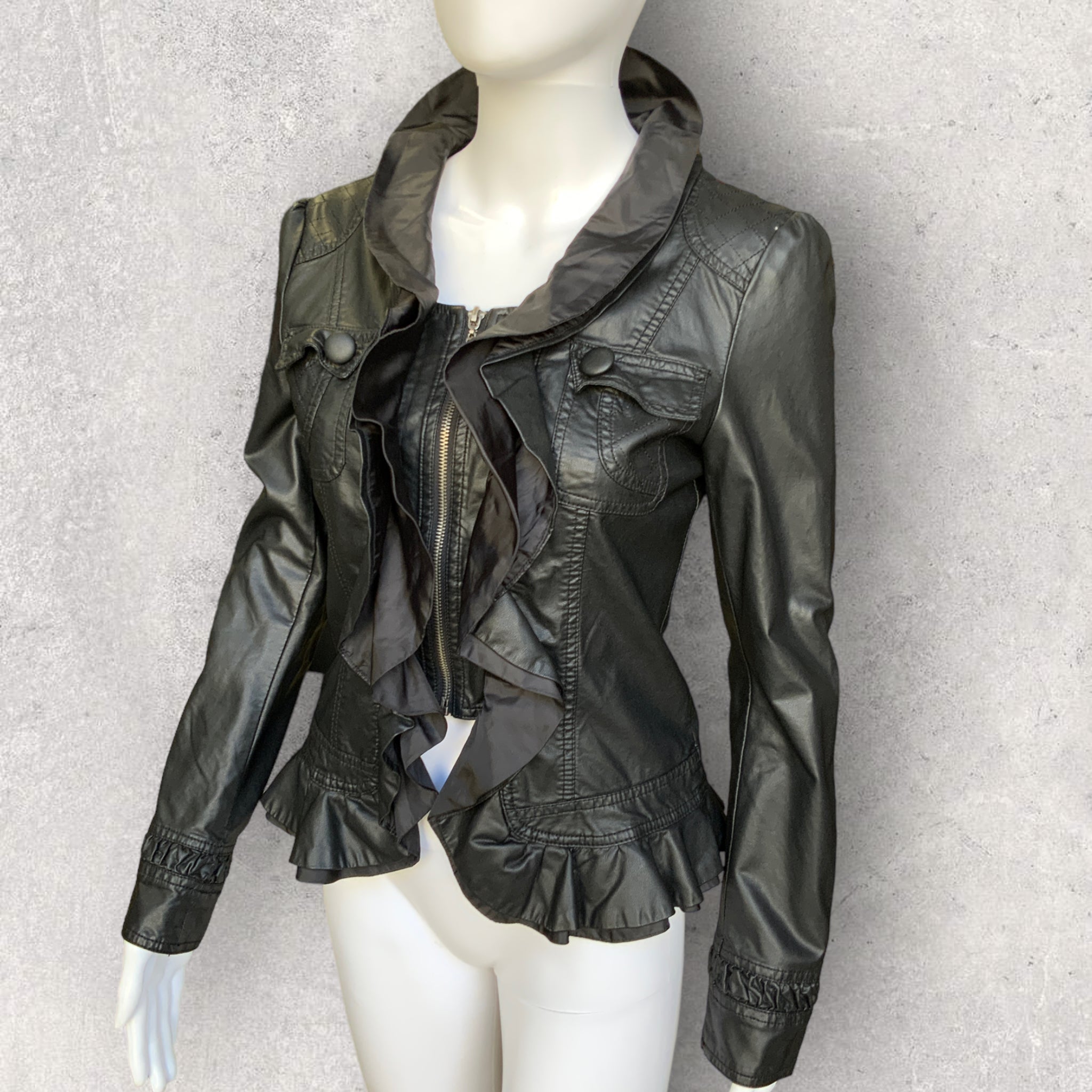 CAROLINE MORGAN PU Faux Leather Ruffle Jacket - Size 8