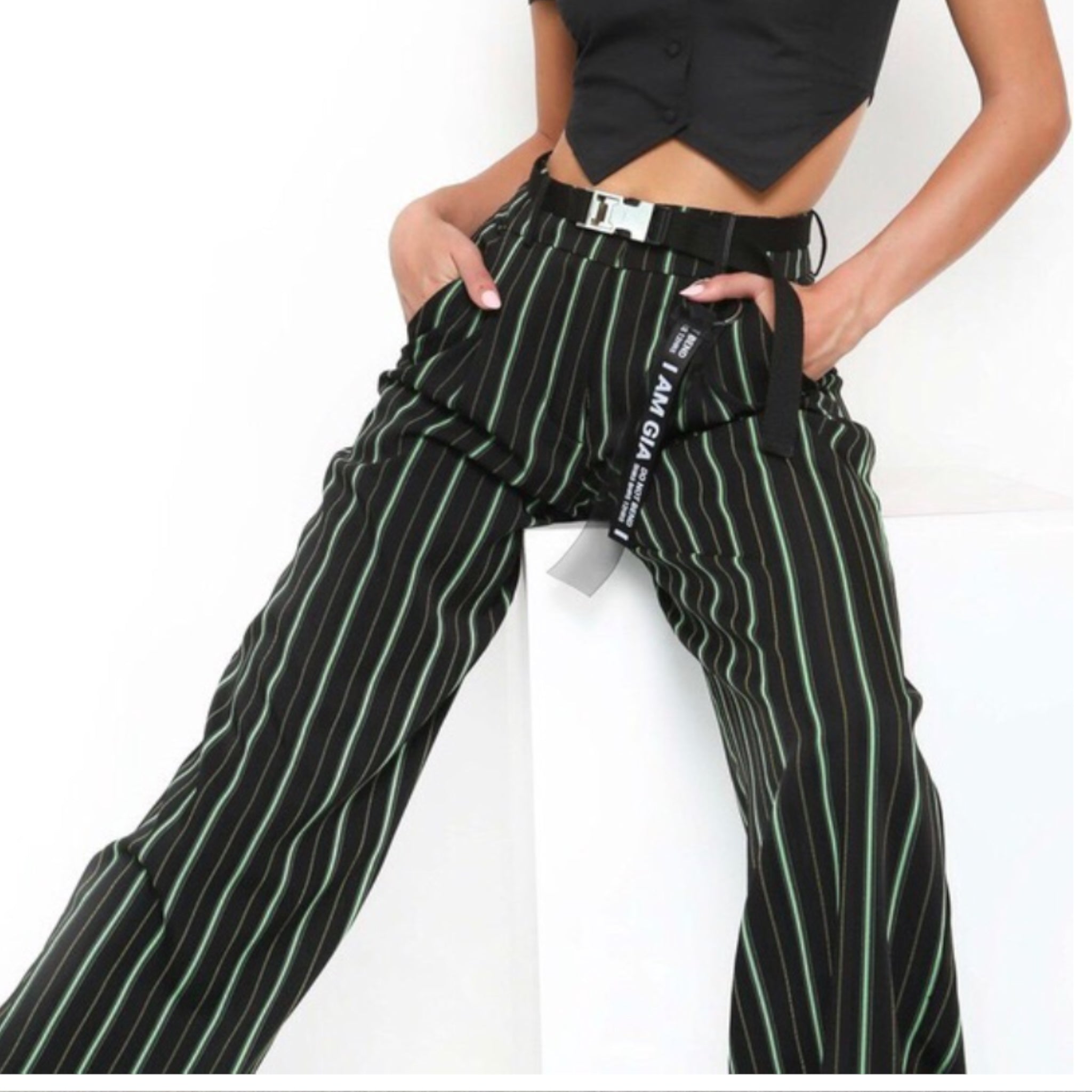 I AM GIA Wide Leg 'Mira' Pants in Green Black Pinstripe - Size S