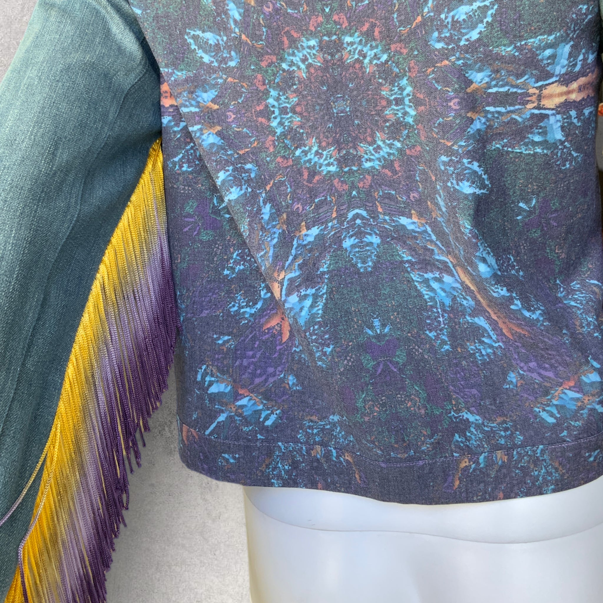 LIBERATED HEART Size S Denim Galaxy Print Festival Jacket with Tassel Sleeves