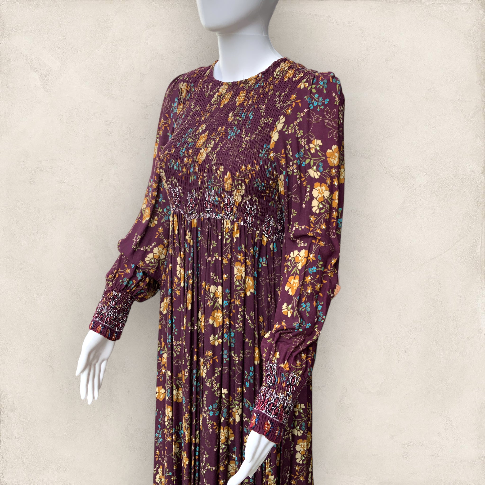 BNWT JAASE Size M Bella Floral Shirred Bust Long Sleeve Maxi Dress