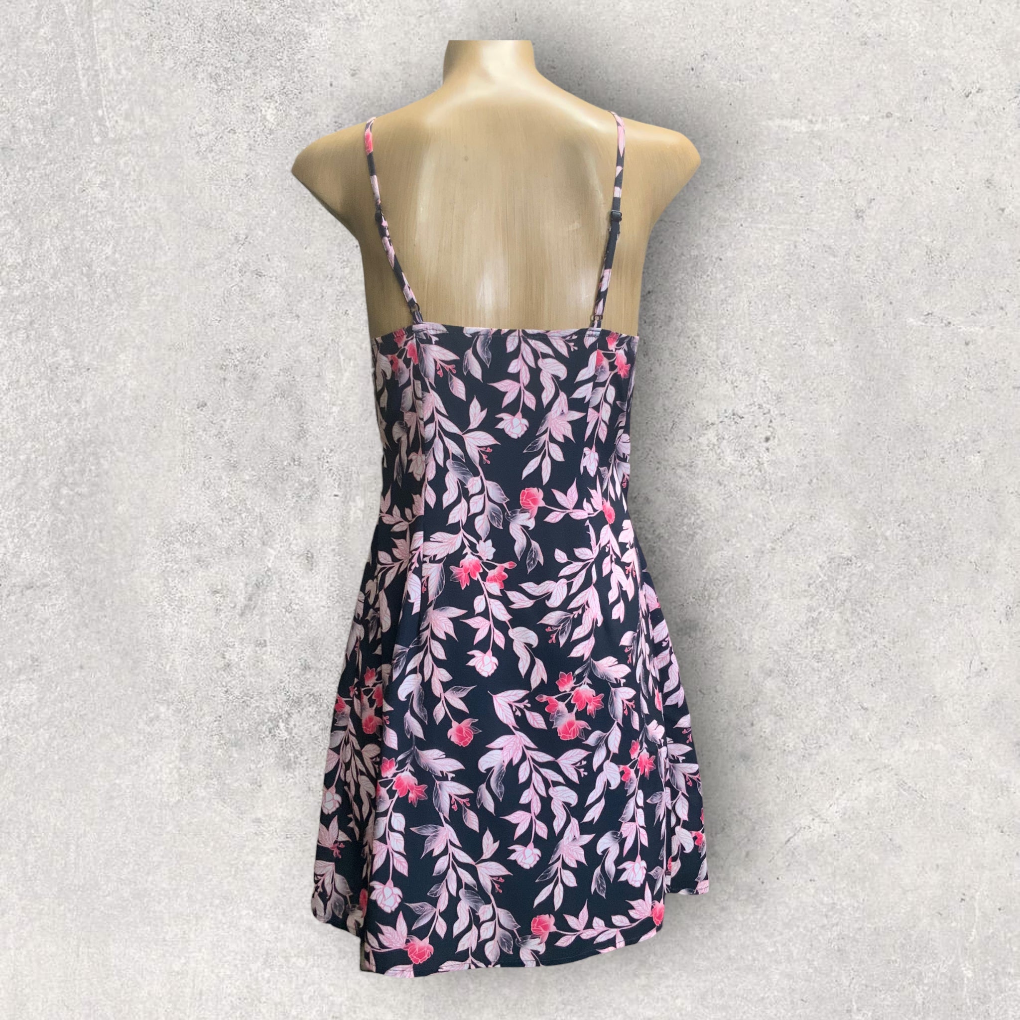 LYON Navy Pink Leaf Print Strappy Wrap Dress - Size 8