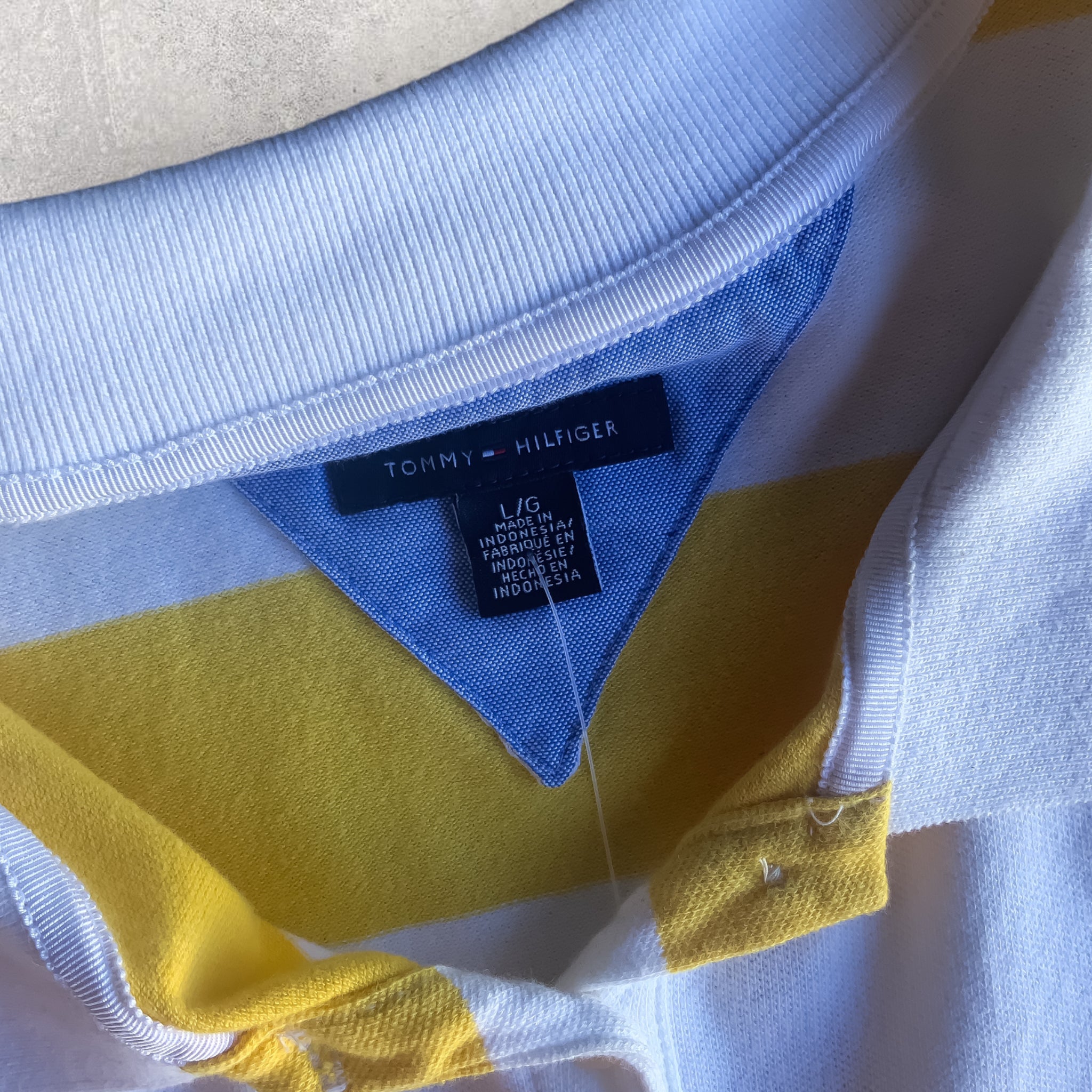 TOMMY HILFIGER Yellow/White Striped Jersey Polo Top - Size L