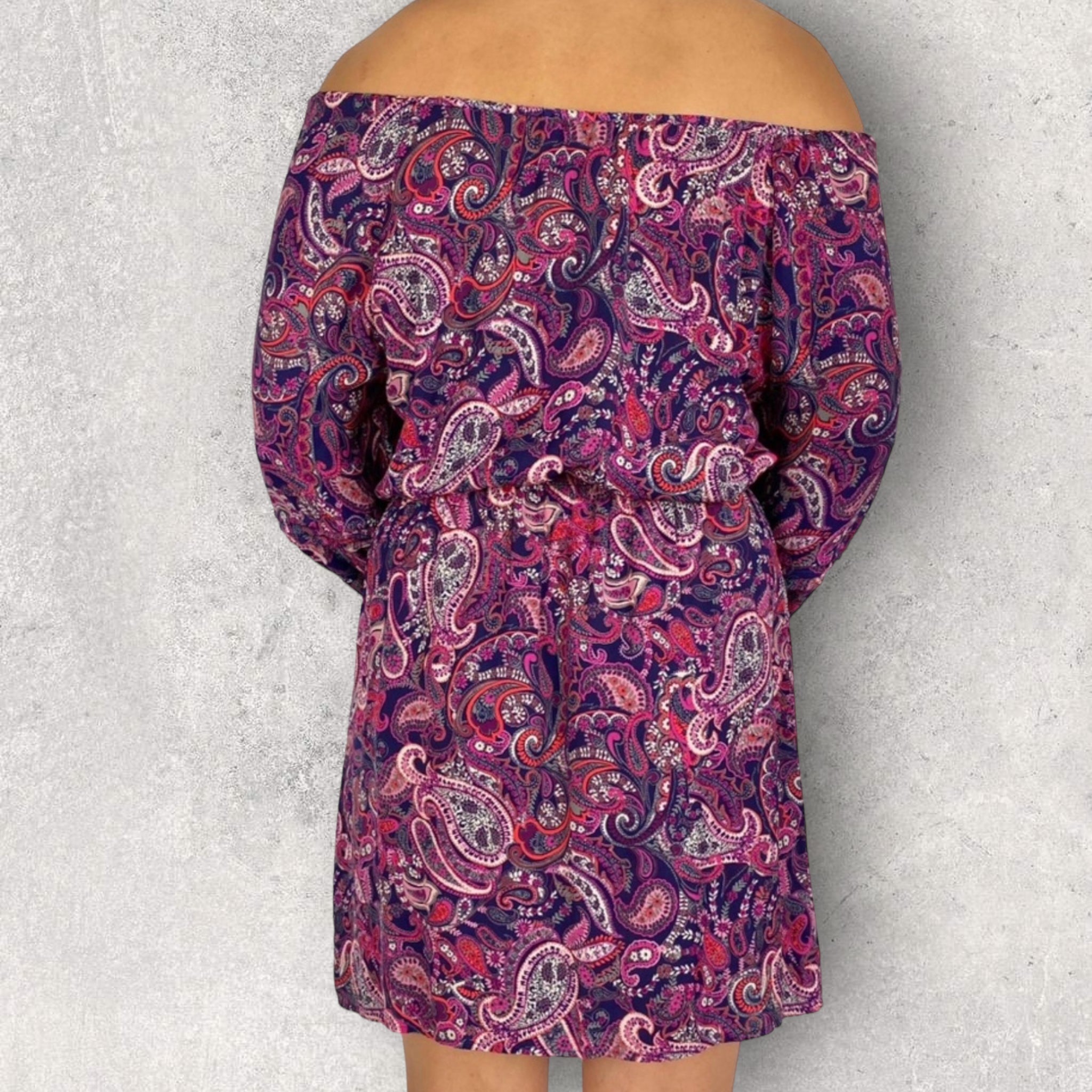 FOREVER NEW Paisley Print Purple Off Shoulder Dress - Size 12