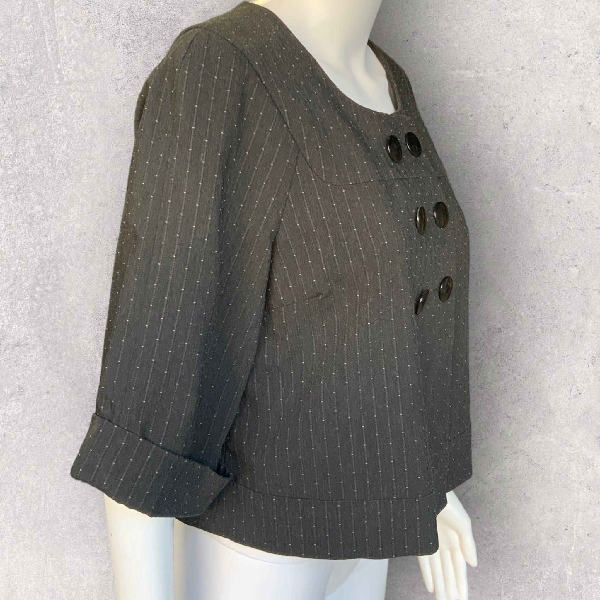 CUE Charcoal Grey Pinstripe Double Breasted Cropped Blazer - Size 12