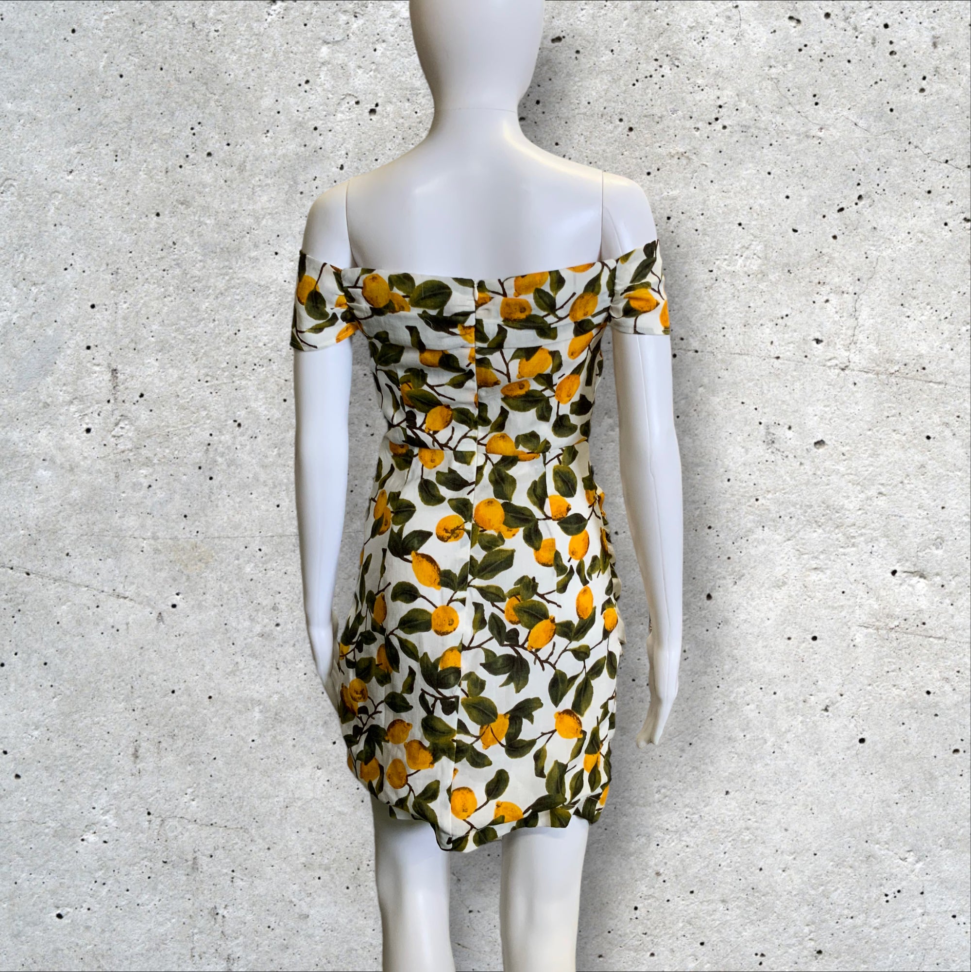 RULED BY NONE Off Shoulder Lemon Print Ruched Mini Dress - Size 8-10