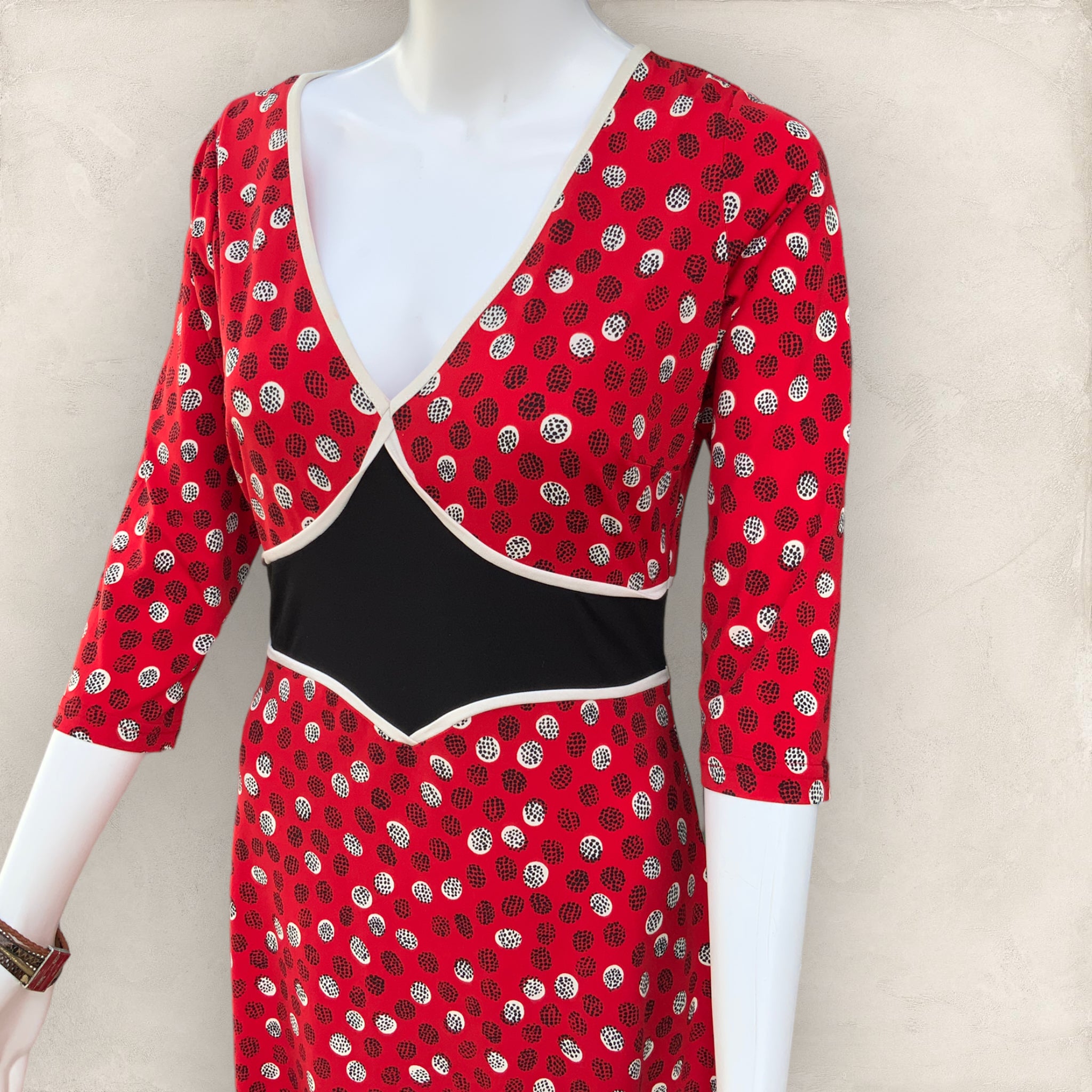 LEONA EDMISTON Ruby 3/4 Sleeve Black Red Dot Print Dress - Size 1 (AU10)