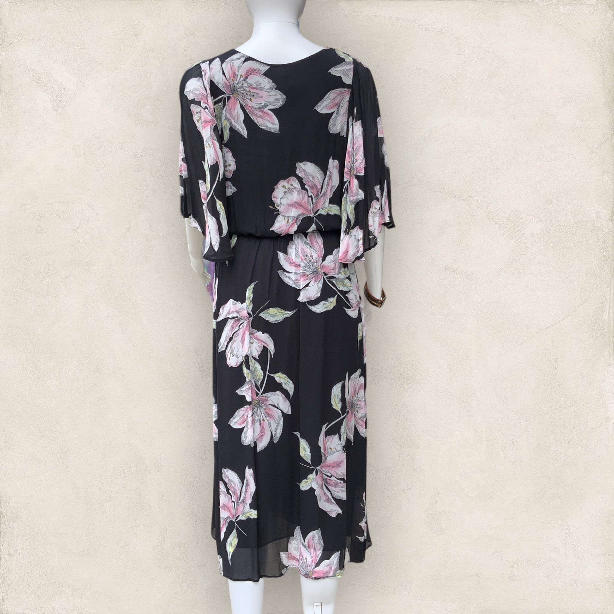 WITCHERY Navy Floral Flutter Sleeve MIDI Dress - Size