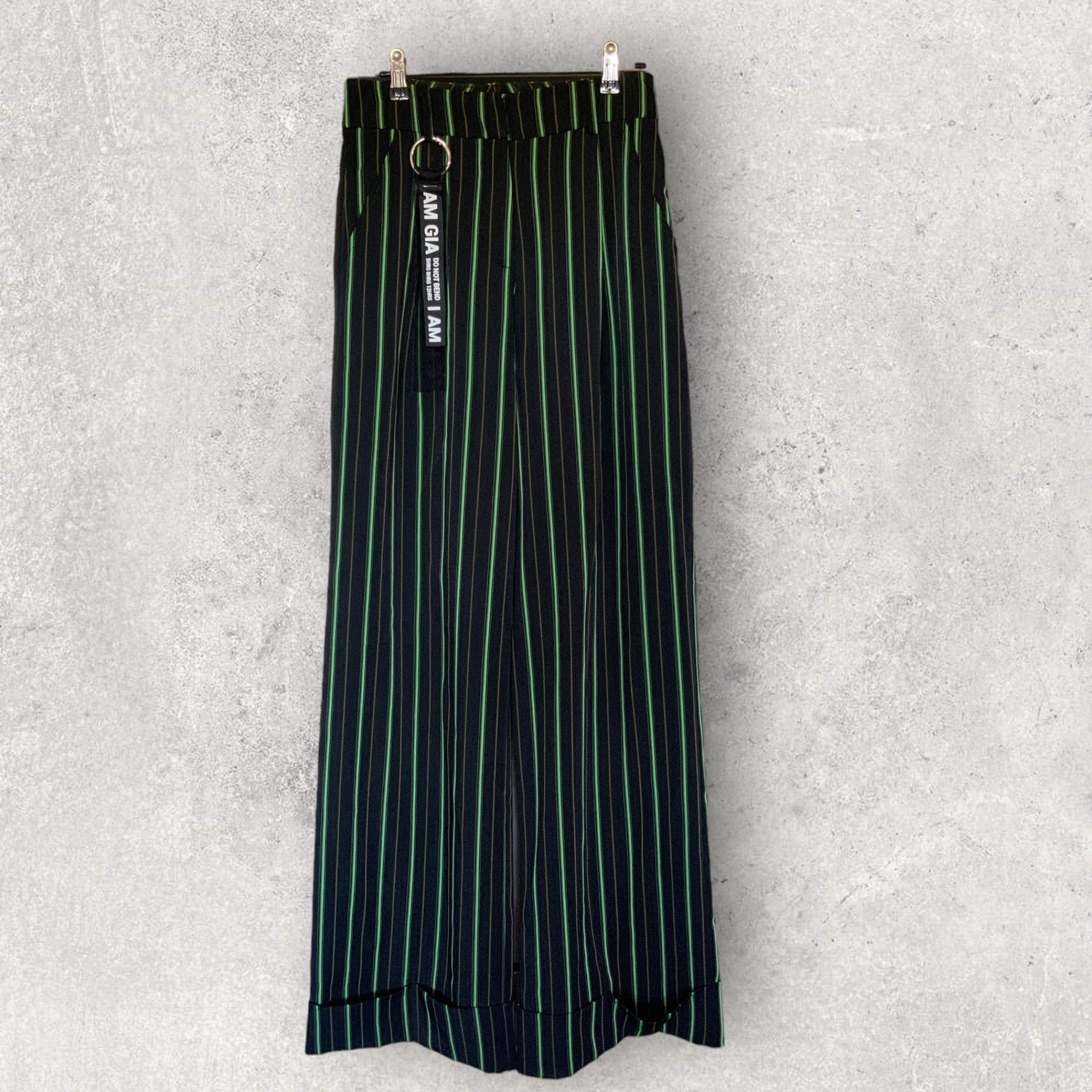 I AM GIA Wide Leg 'Mira' Pants in Green Black Pinstripe - Size S