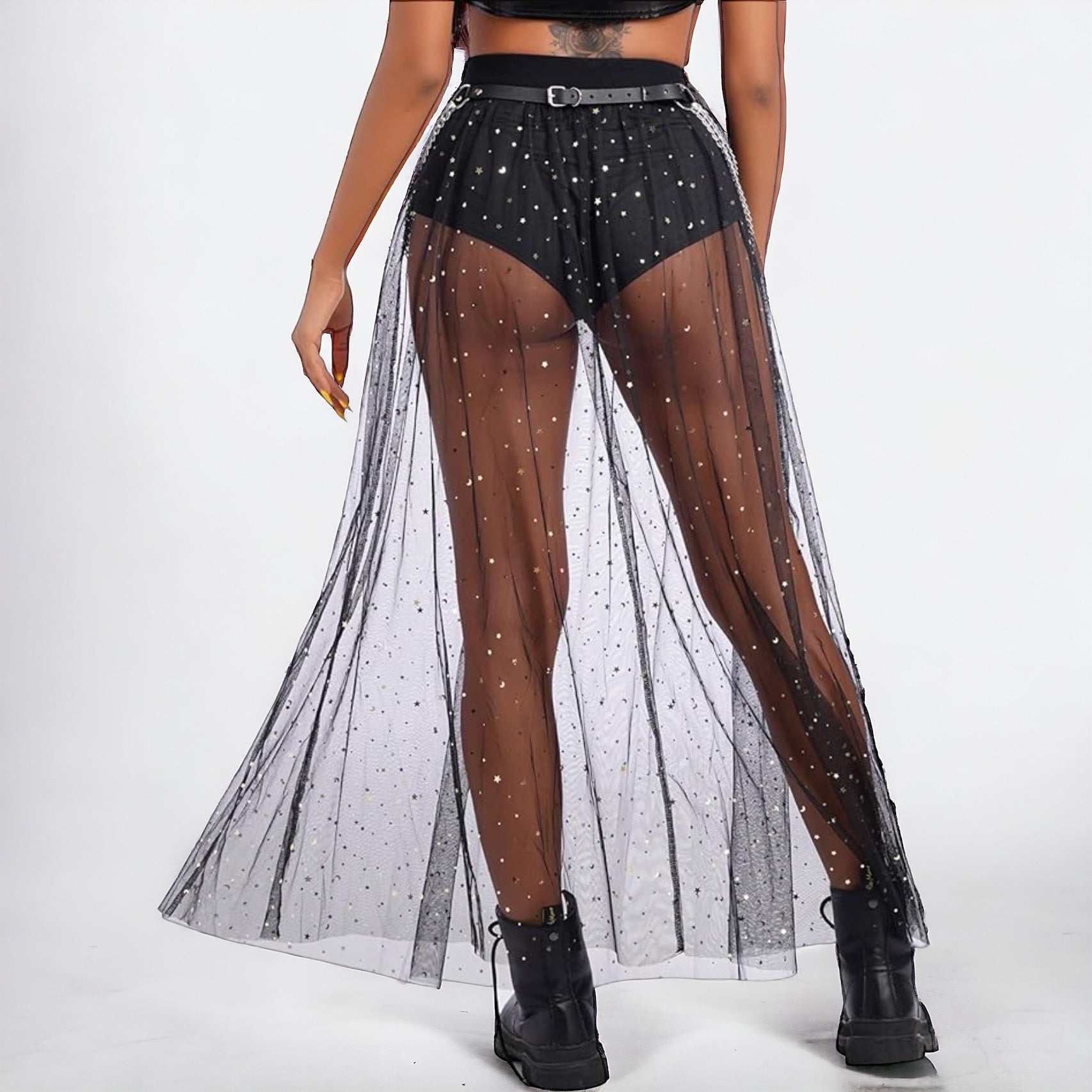 Sheer Mesh GALAXY Skirt with Metallic Stars (Built In Pants)