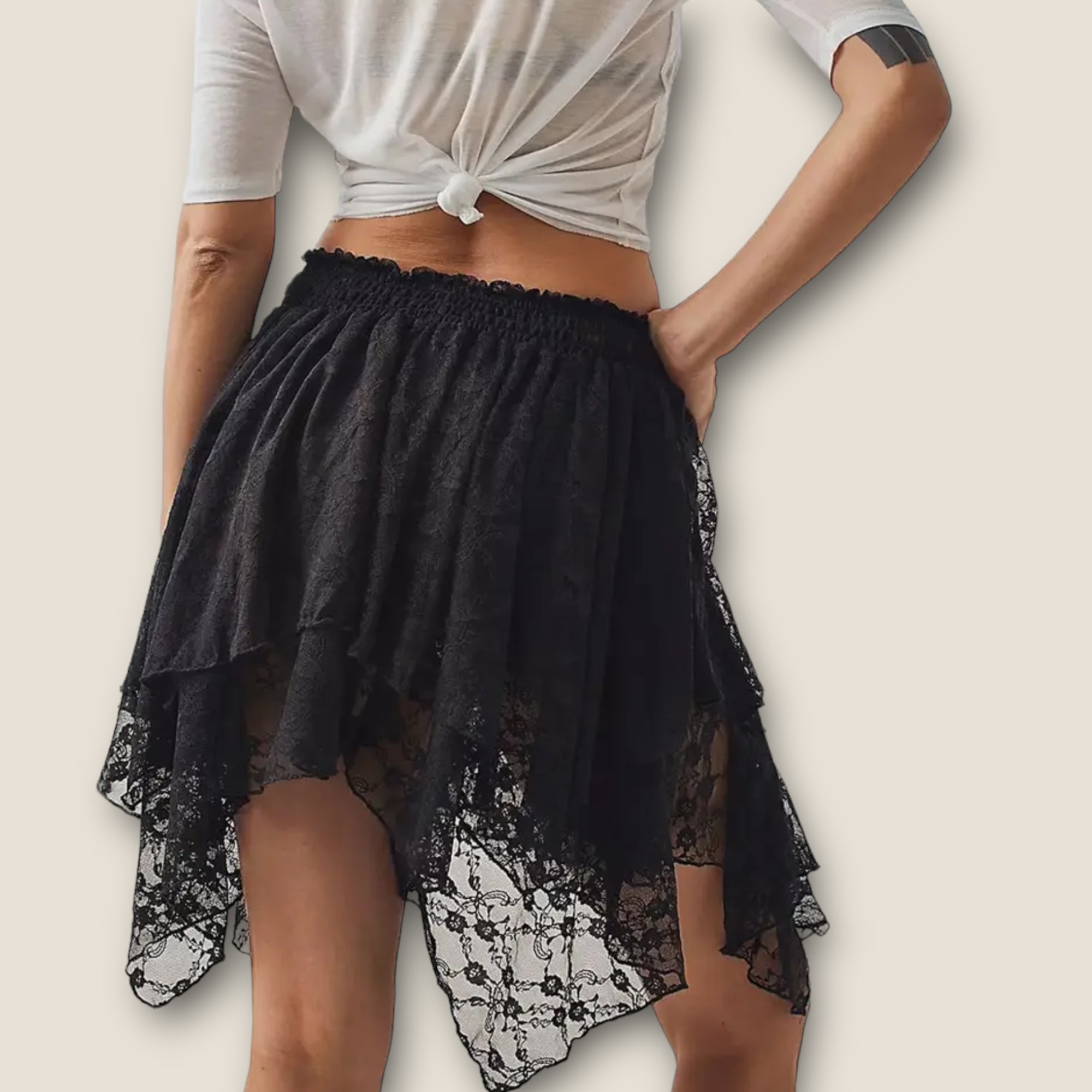 Layered Hem Elastic Waist Short Lace Skirt - 3 Colours