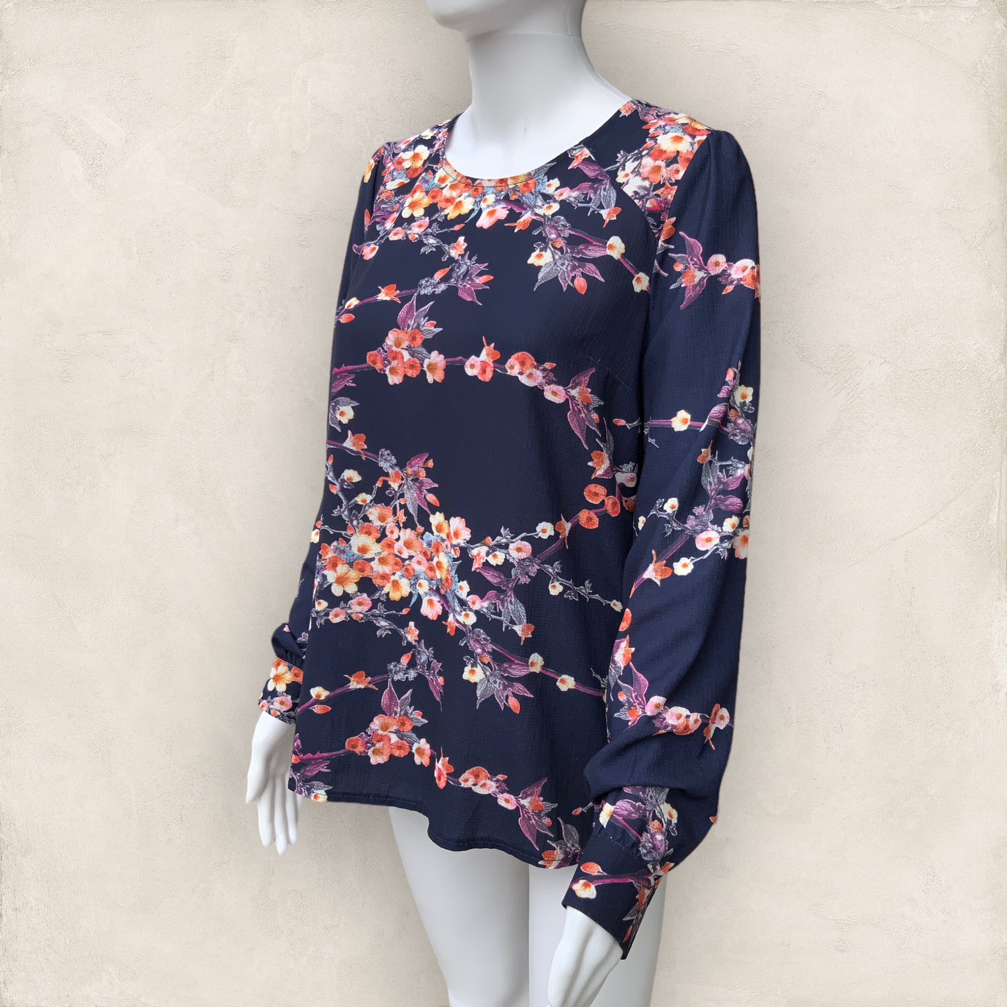 MIRACLE Navy Blue Long Sleeve Floral Print Blouse - Size 10