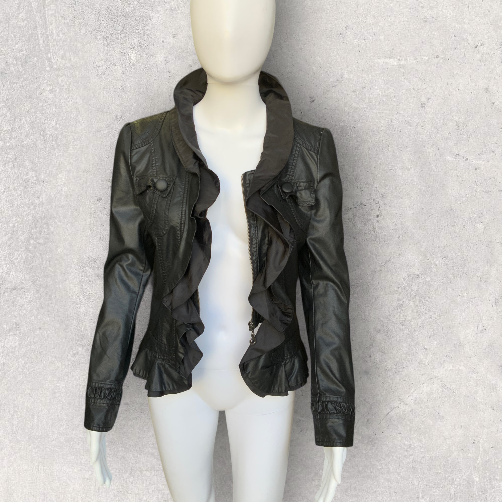 CAROLINE MORGAN PU Faux Leather Ruffle Jacket - Size 8