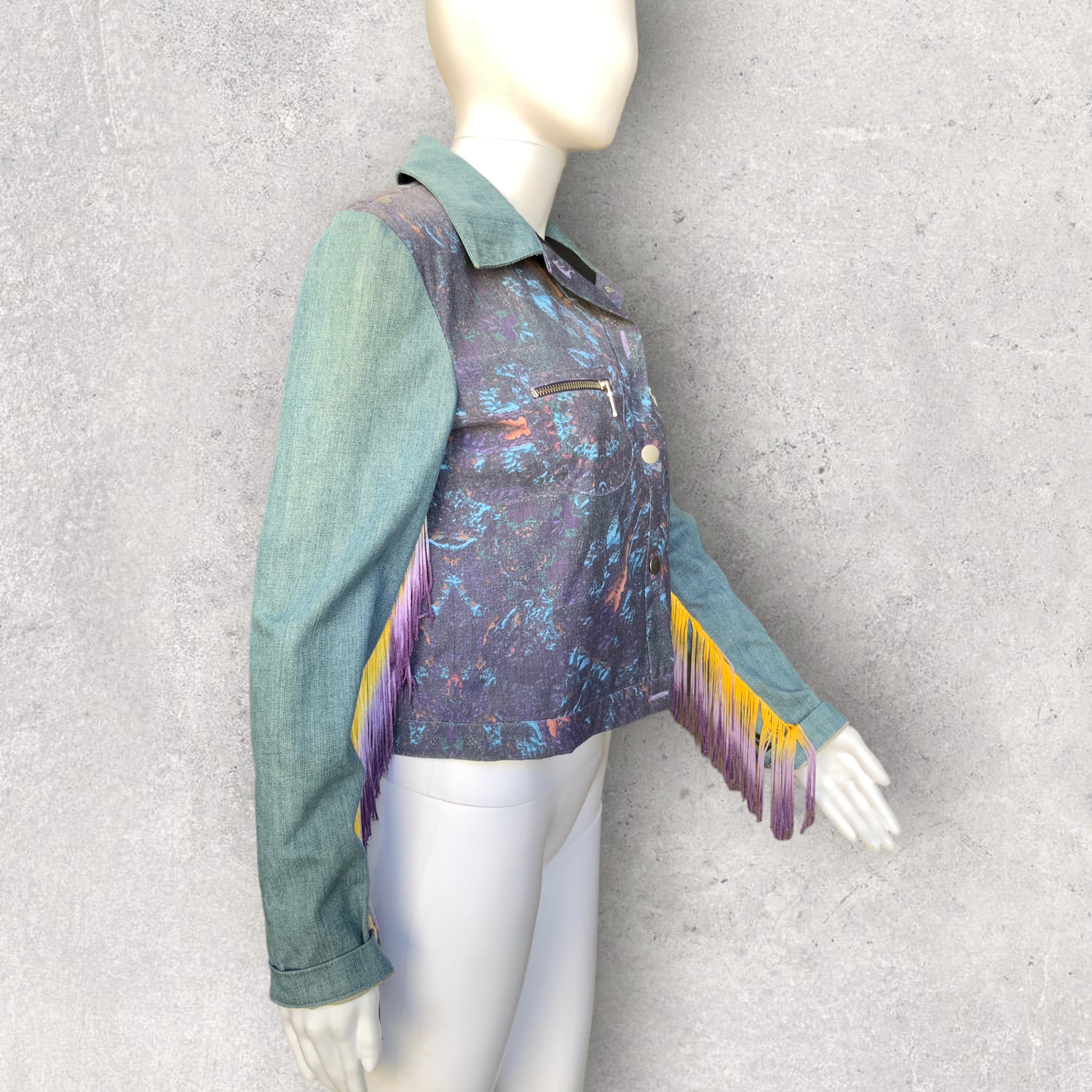 LIBERATED HEART Size S Denim Galaxy Print Festival Jacket with Tassel Sleeves