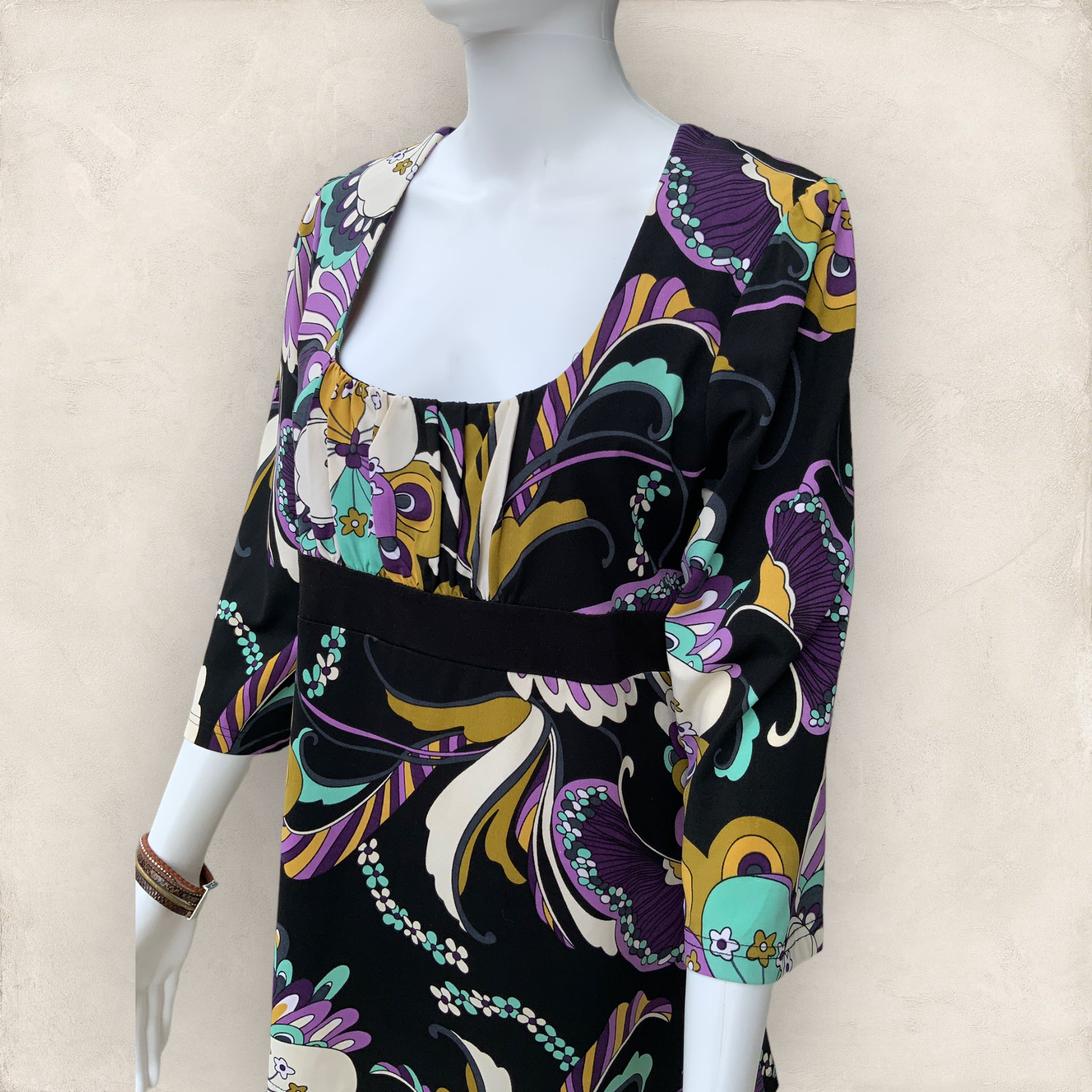 60's Vibe Ladies Black Purple Floral Abstract Print Tunic Blouse - size L