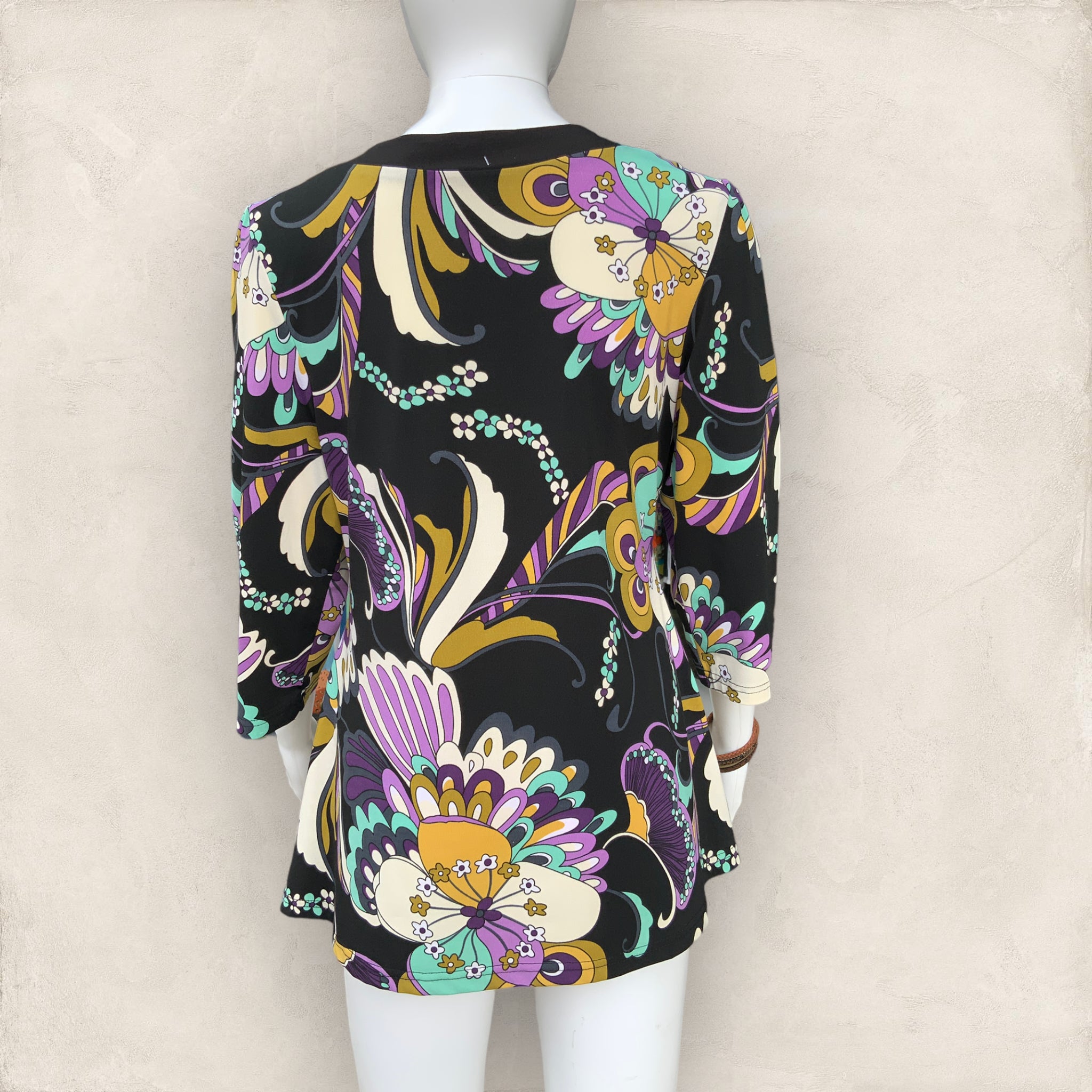 60's Vibe Ladies Black Purple Floral Abstract Print Tunic Blouse - size L