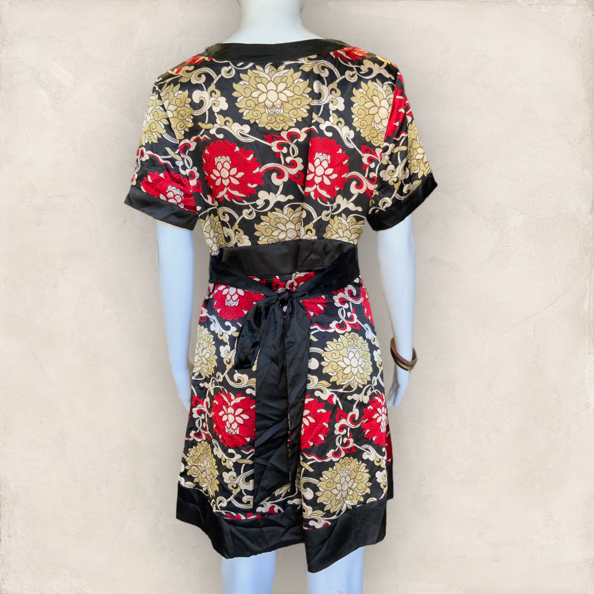 Vintage REEM Oriental Print Satin Short Sleeved A Line Dress - Size 12/14