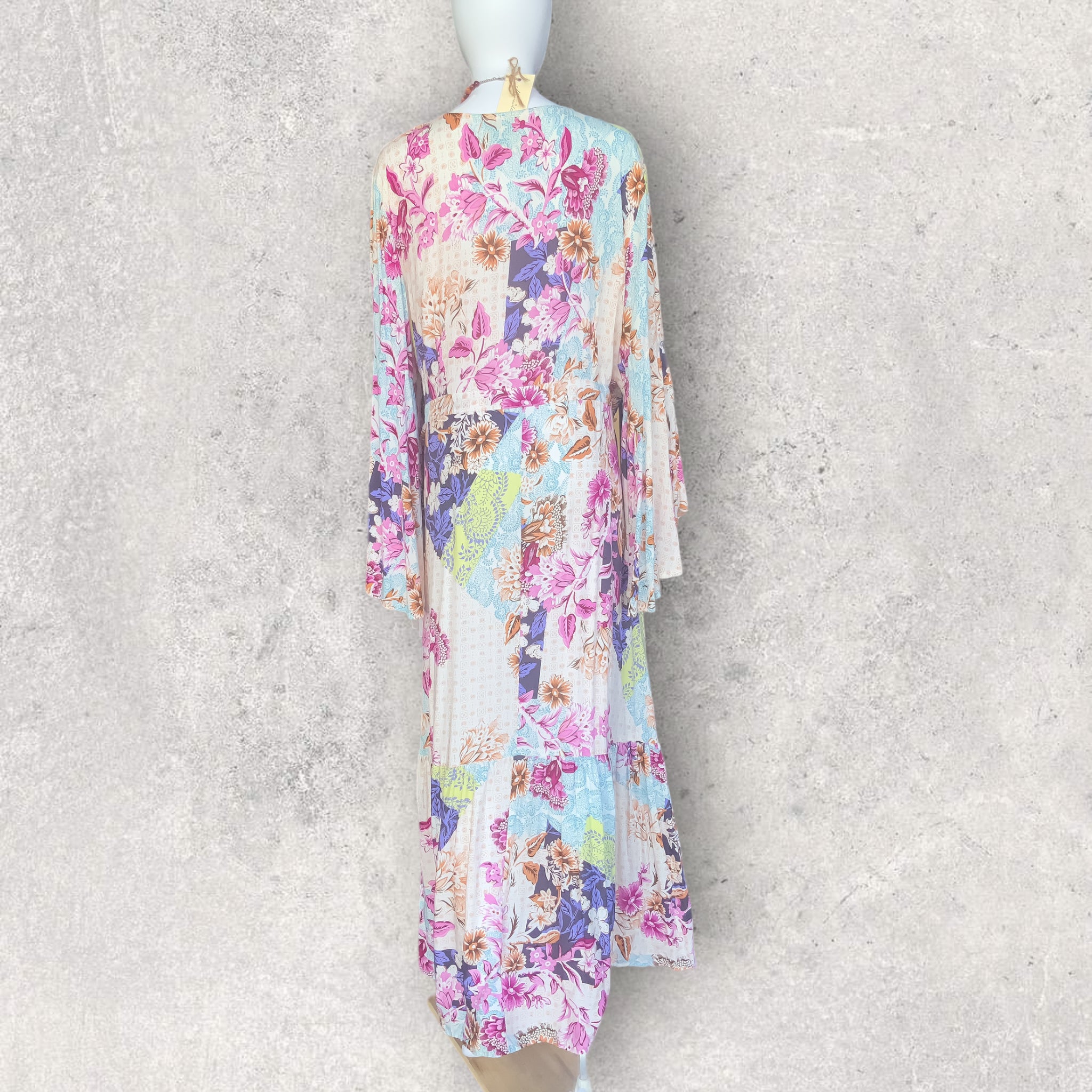 JAASE Pastel Patchwork Floral Print Wrap Flutter Sleeved Maxi Dress - Size XL