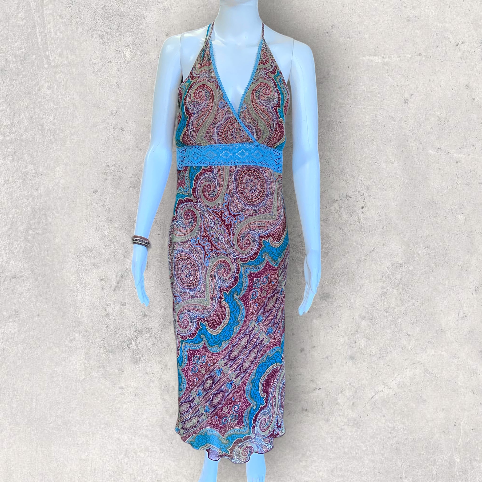 Vintage FashionBabe Paisley Print Retro Halter Neck Midi Dress - Size 12