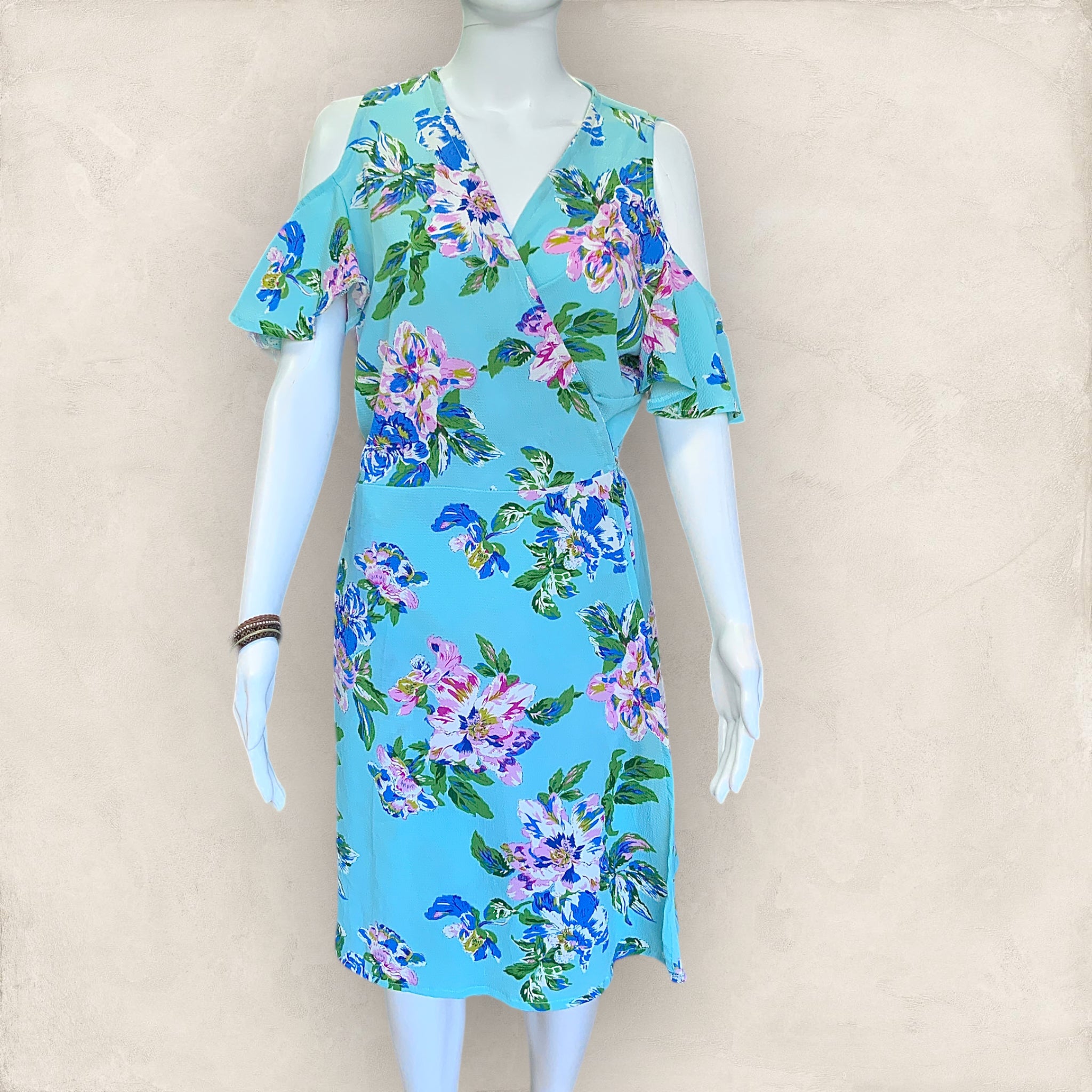 JO JO Cold Shoulder Blue Floral Wrap Dress - Size 14