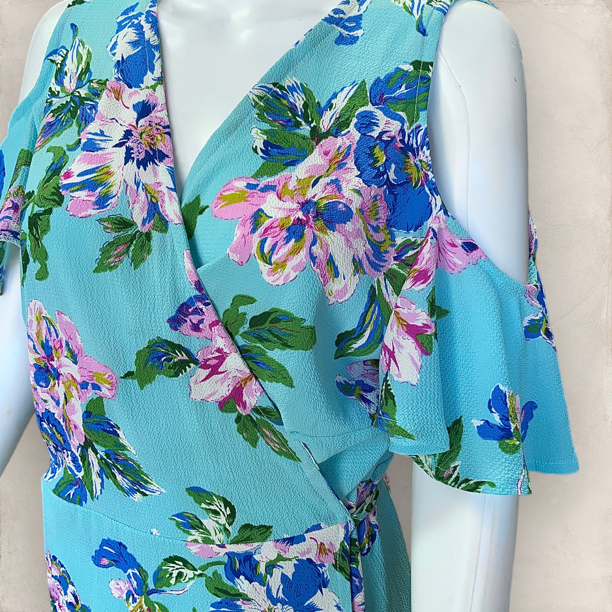 JO JO Cold Shoulder Blue Floral Wrap Dress - Size 14