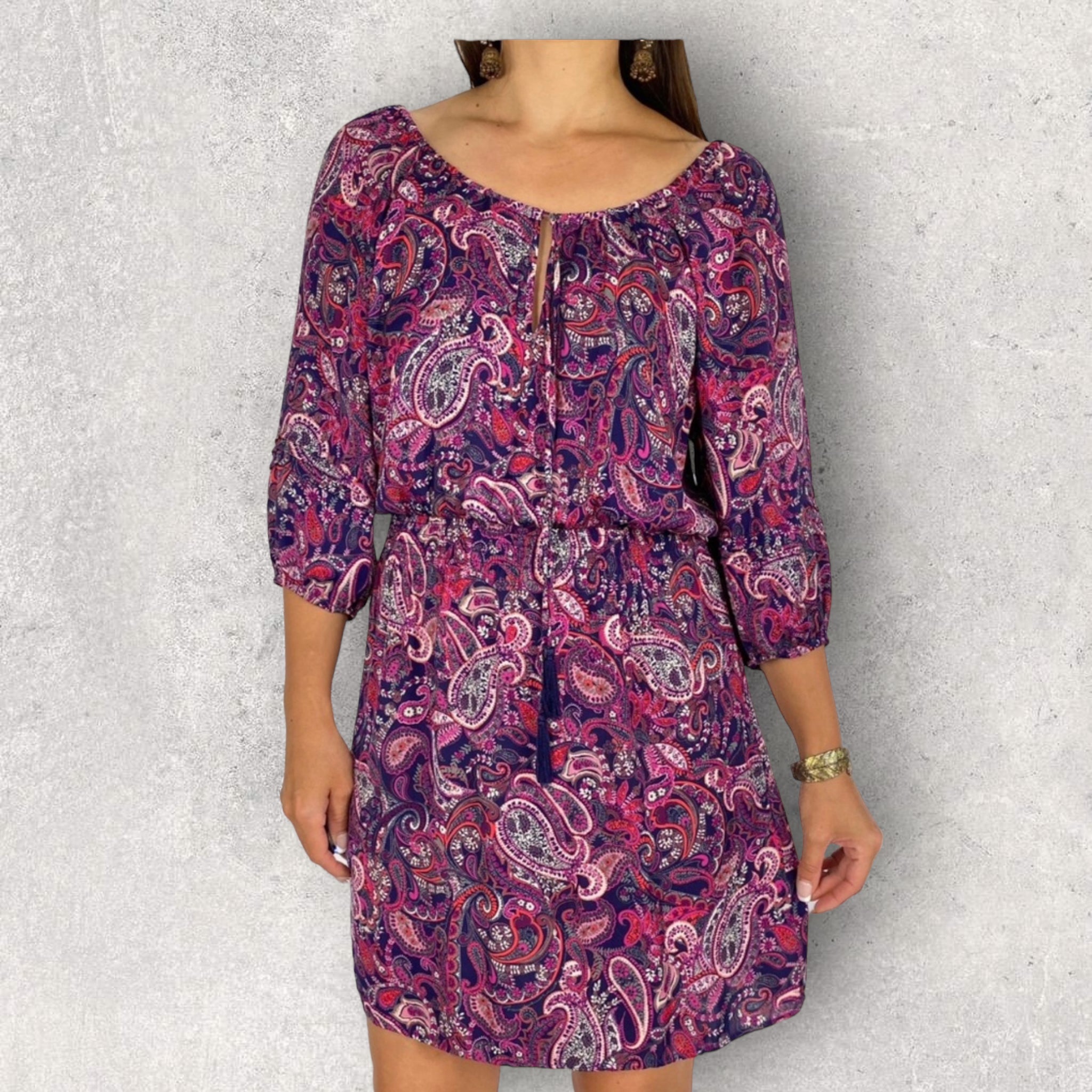 FOREVER NEW Paisley Print Purple Off Shoulder Dress - Size 12