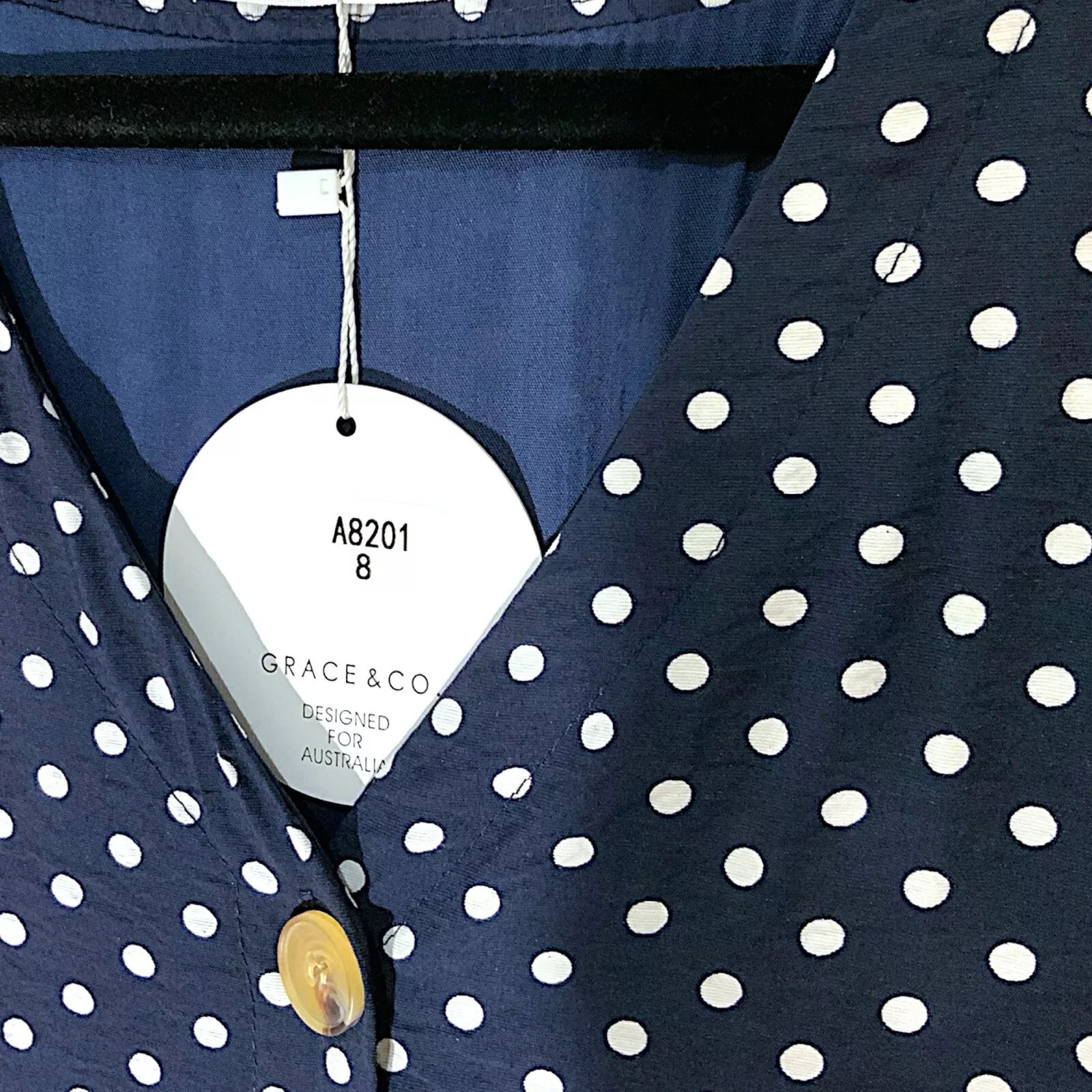 BNWT GRACE & Co. Size 8 Navy White Spotty Button Up Shift dress