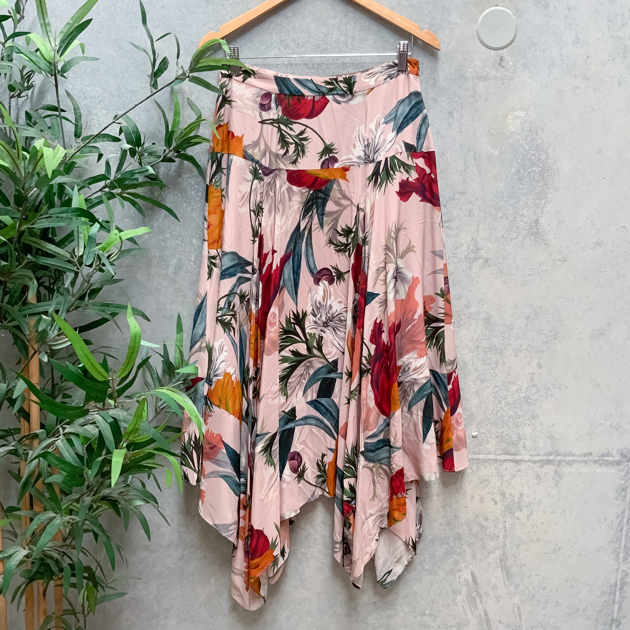 WITCHERY Limited Edition Silk Floral Handkerchief Hem Skirt - Size 10