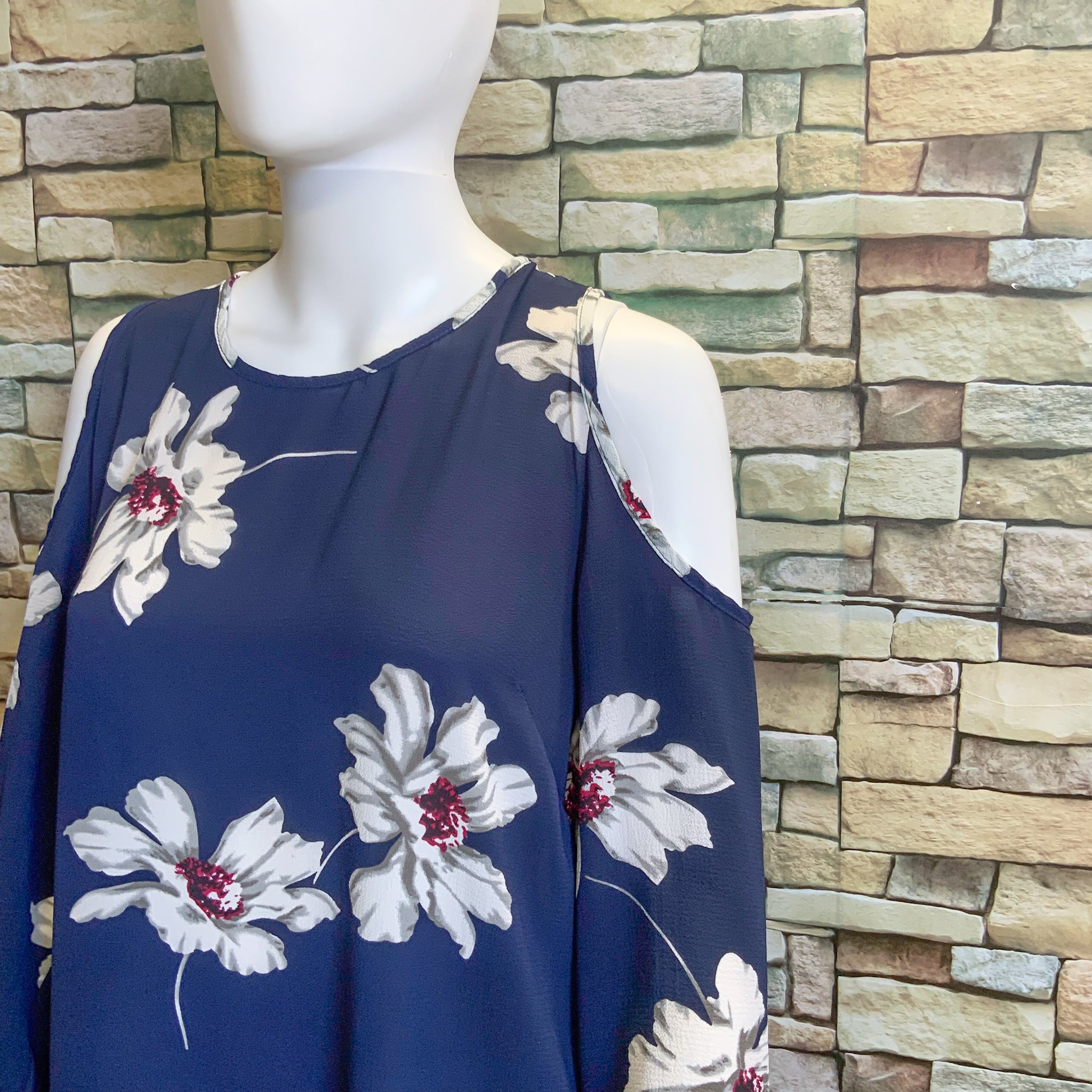 MIRACLE Blue Long Sleeved Floral Cold Shoulder Mini Dress - Size 8