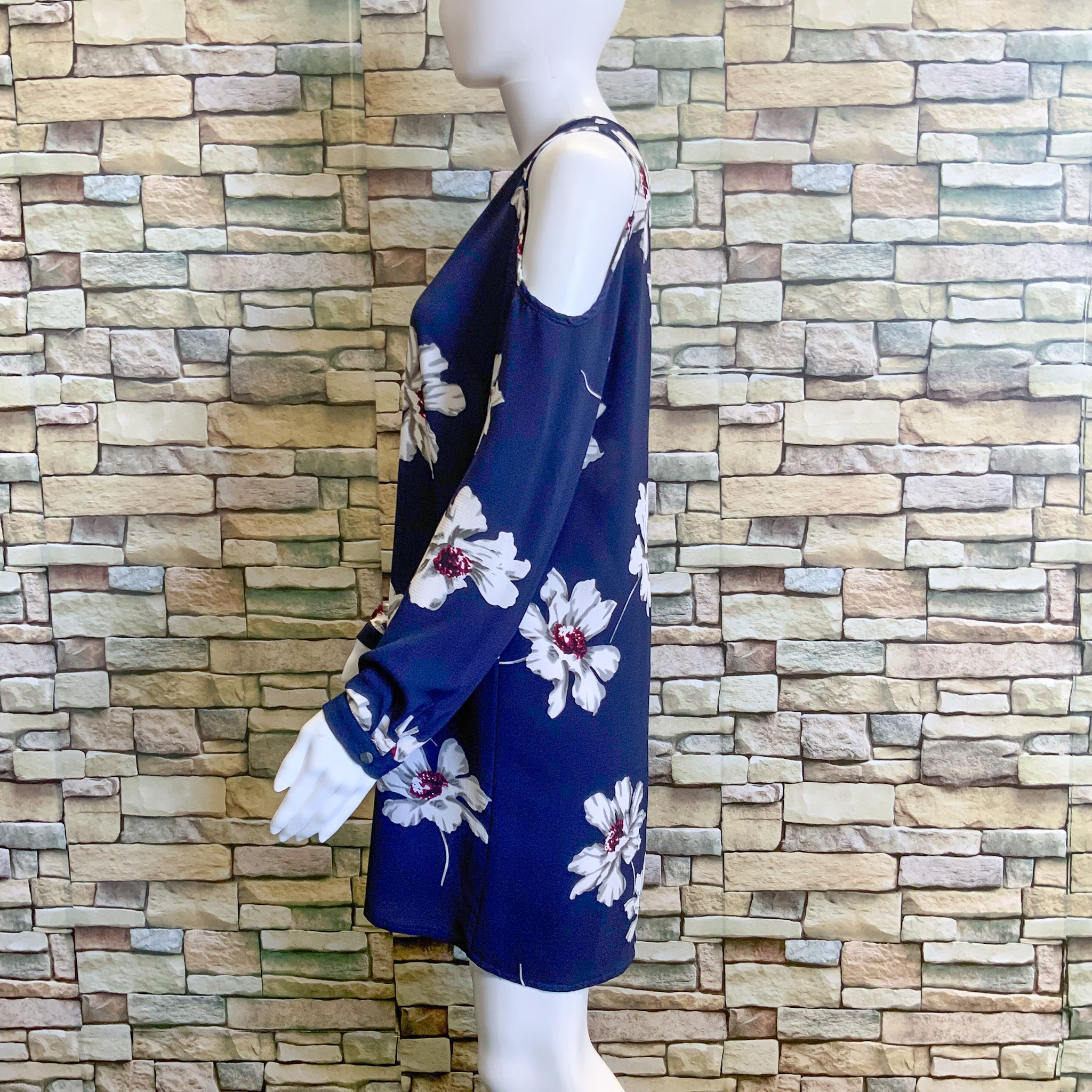 MIRACLE Blue Long Sleeved Floral Cold Shoulder Mini Dress - Size 8