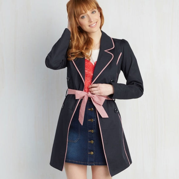 MODCLOTH East Coast Tour Navy Blue Trench Coat Jacket with Gingham Trim - Size 22