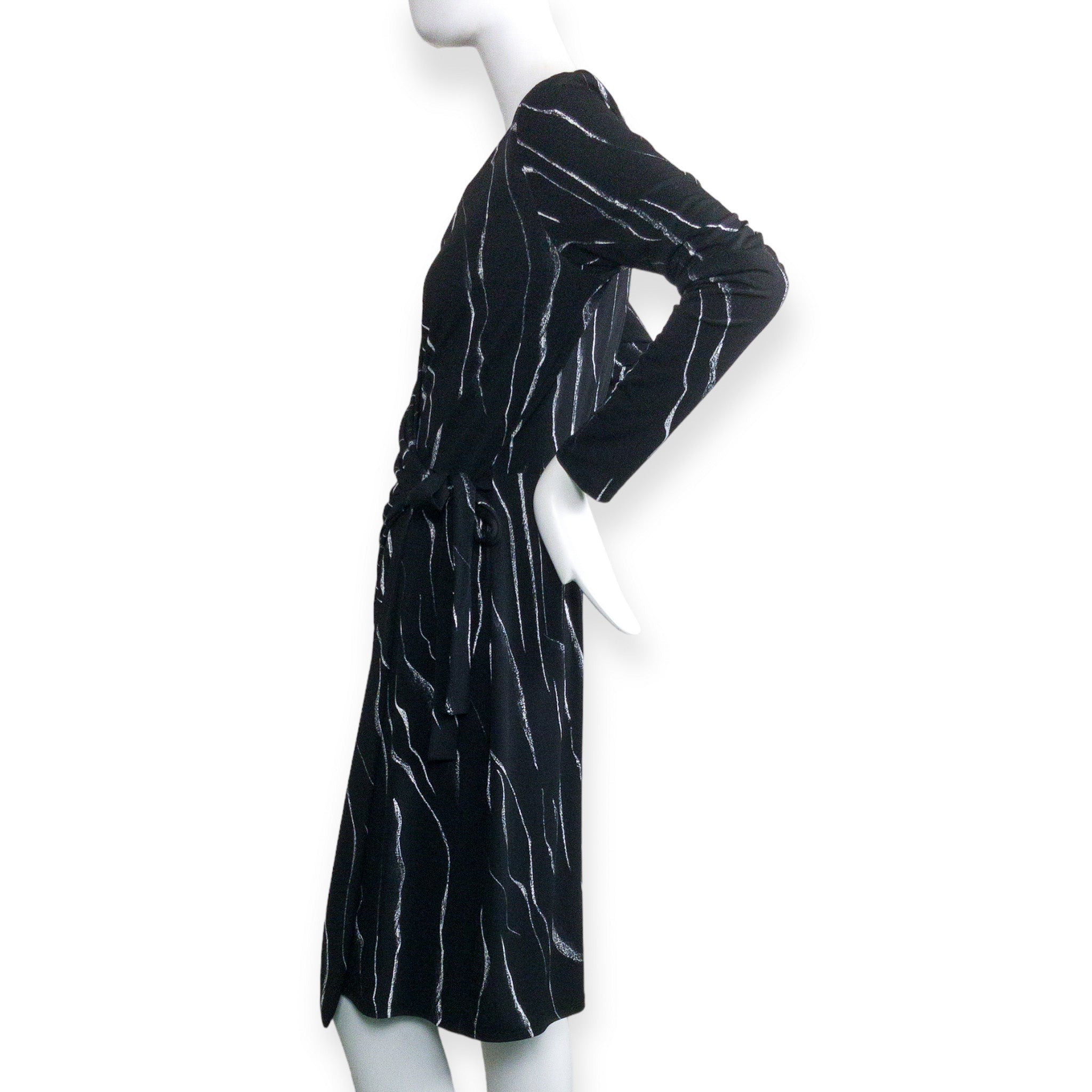 TRENT NATHAN Black Faux Wrap Striped Jersey Dress - Size 12