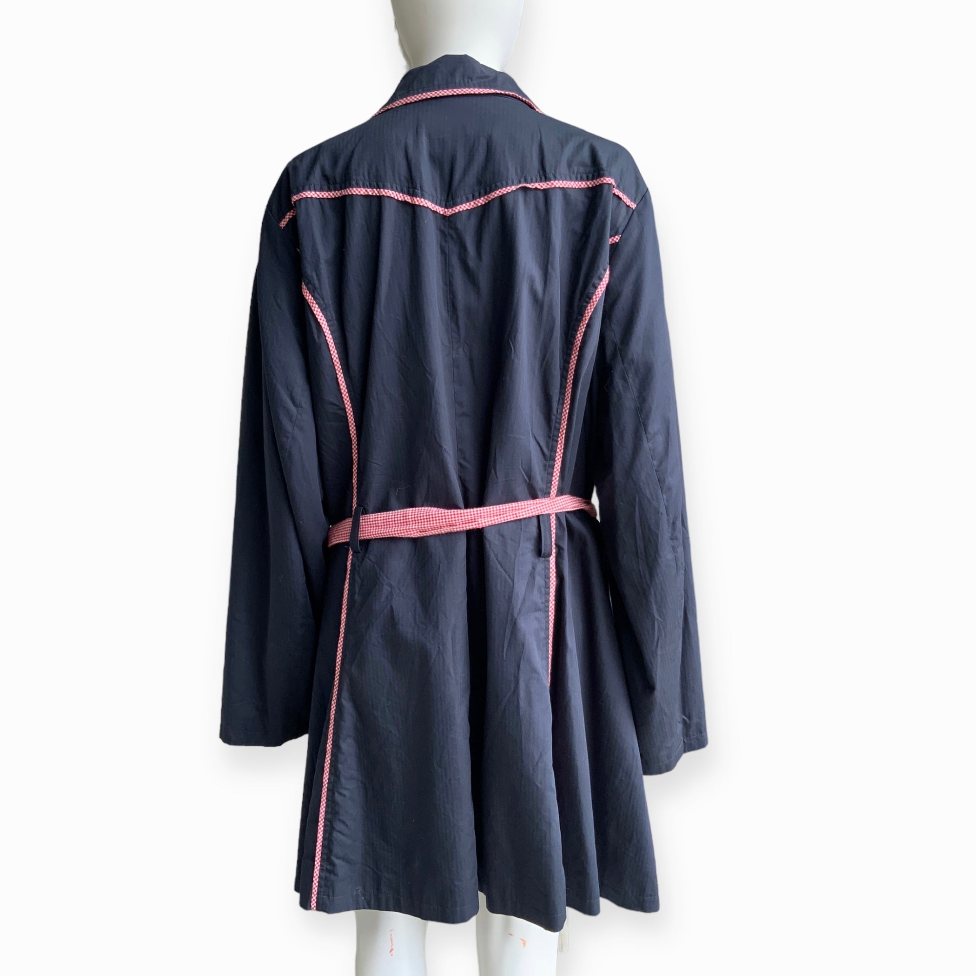 MODCLOTH East Coast Tour Navy Blue Trench Coat Jacket with Gingham Trim - Size 22