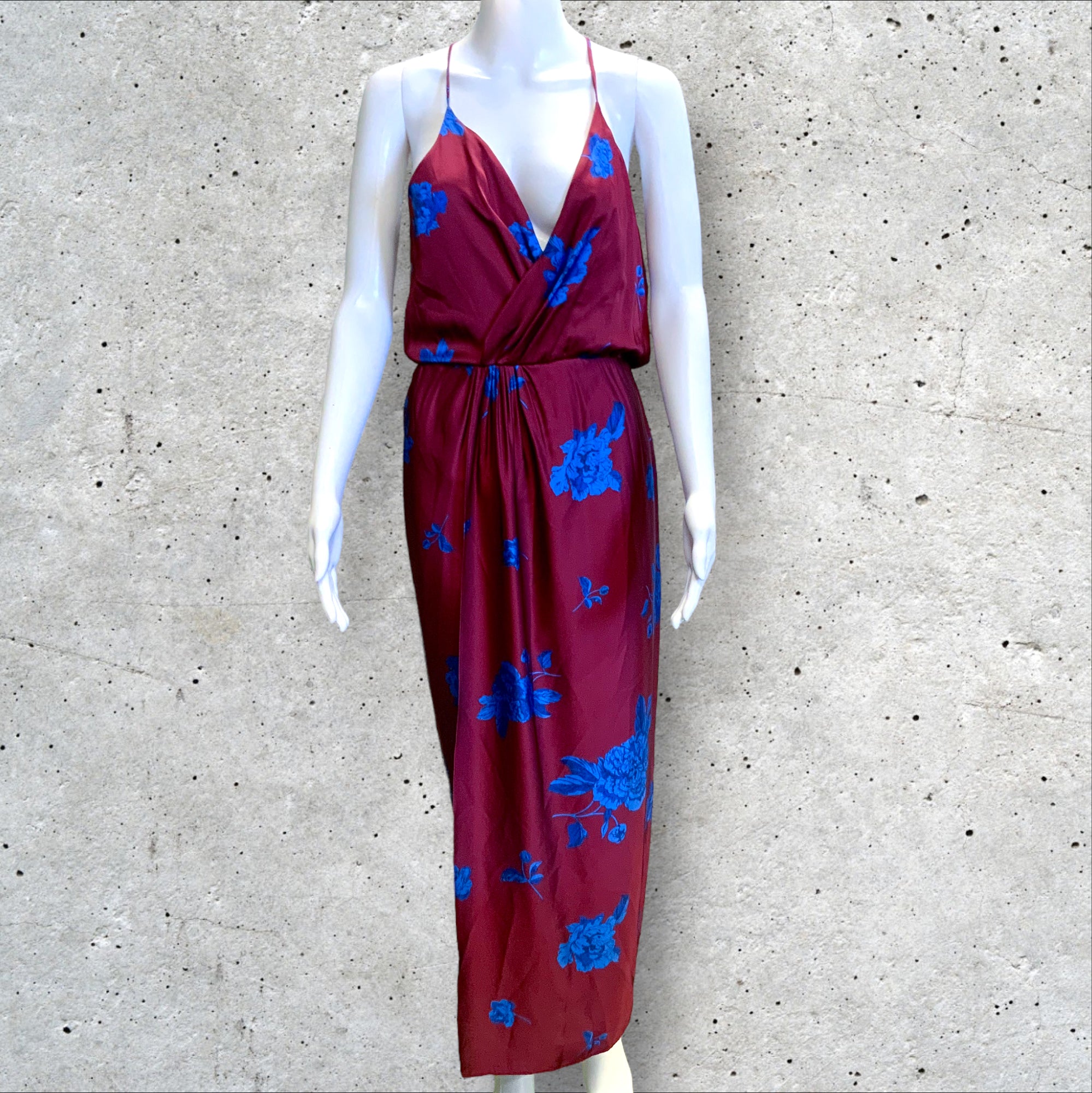 SHEIKE Stunning Burgundy & Blue Satin Floral Cocktail/Party Midi Dress - Size 12