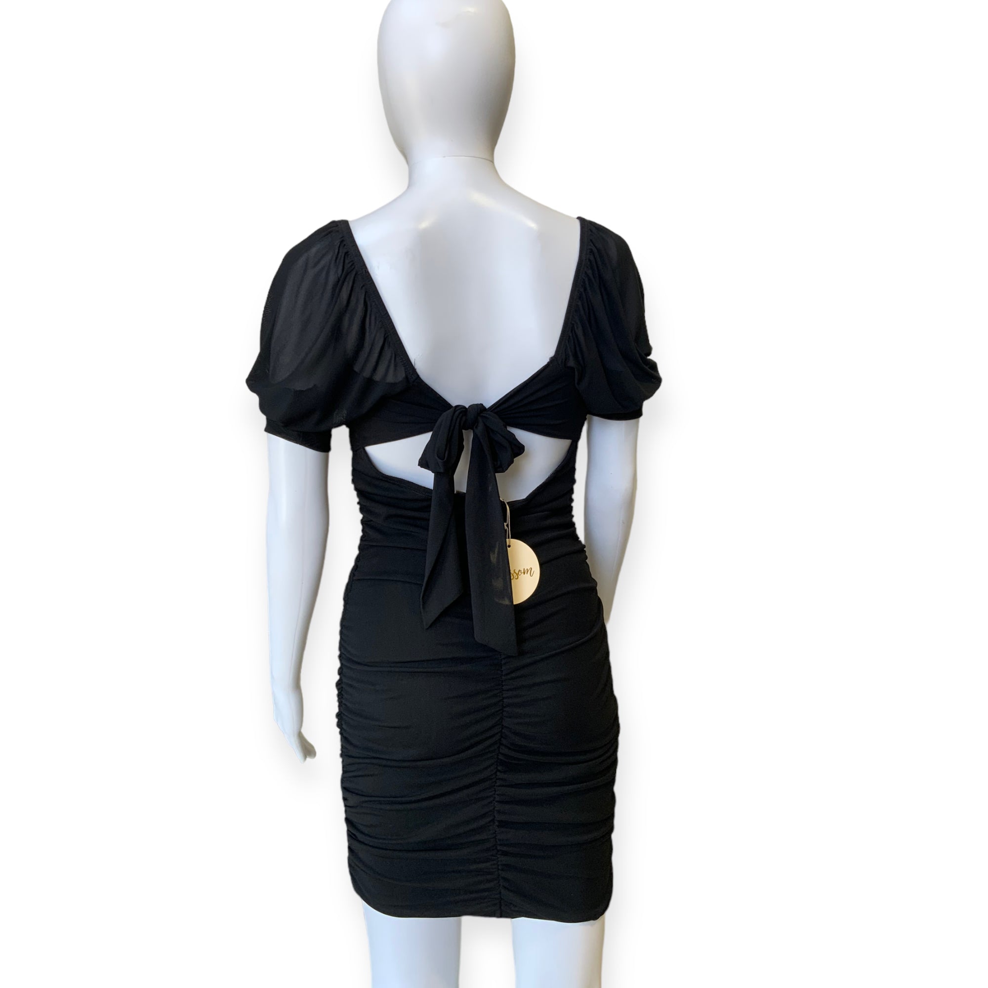 BNWT BLOSSOM Black Slinky Sweetheart Neck Puff Sleeve Club Dress - Size 8