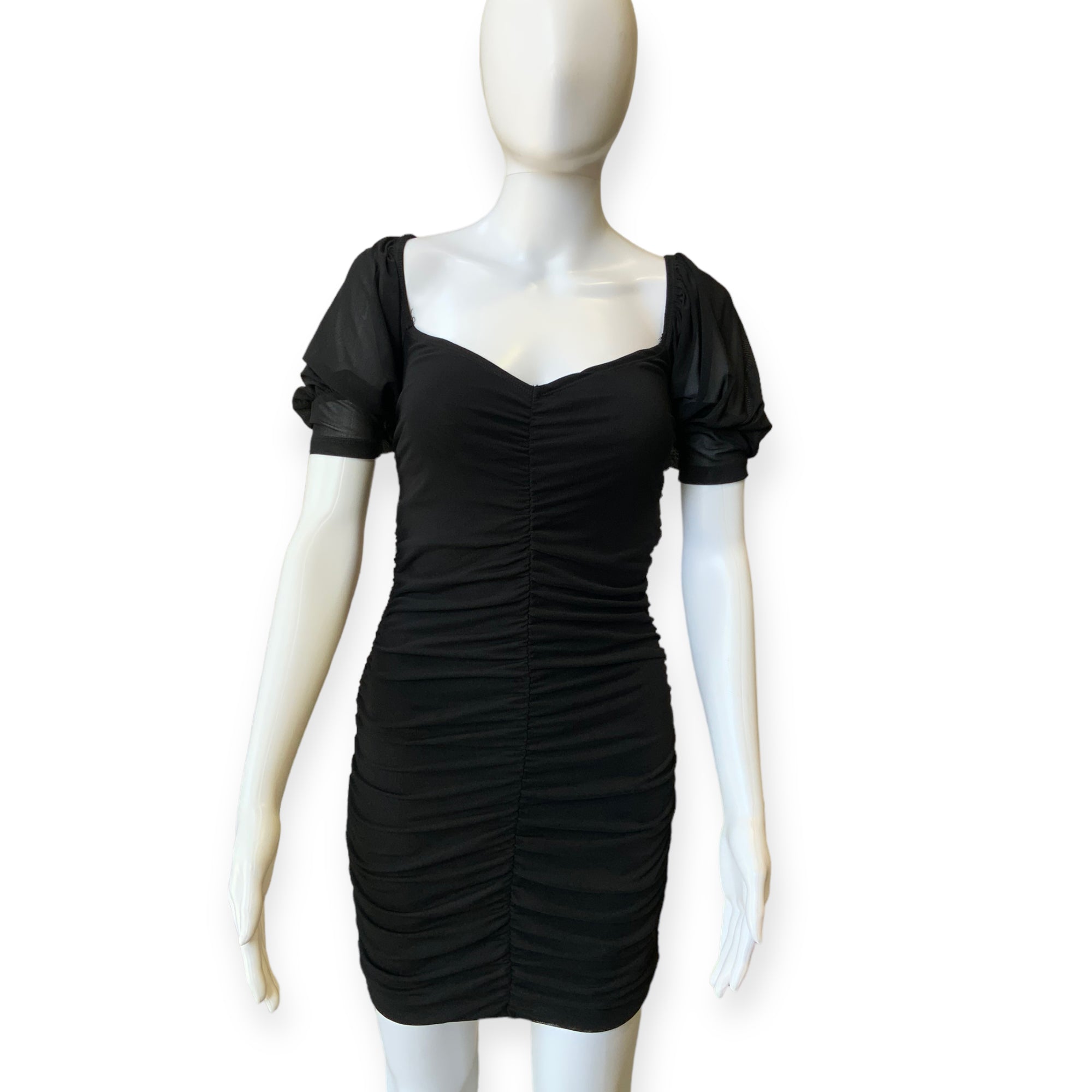 BNWT BLOSSOM Black Slinky Sweetheart Neck Puff Sleeve Club Dress - Size 8